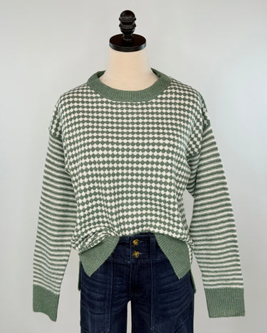 Sawyer Checkerboard Sweater in Dark Sage-133 - Sweaters (Holiday)-Little Bird Boutique