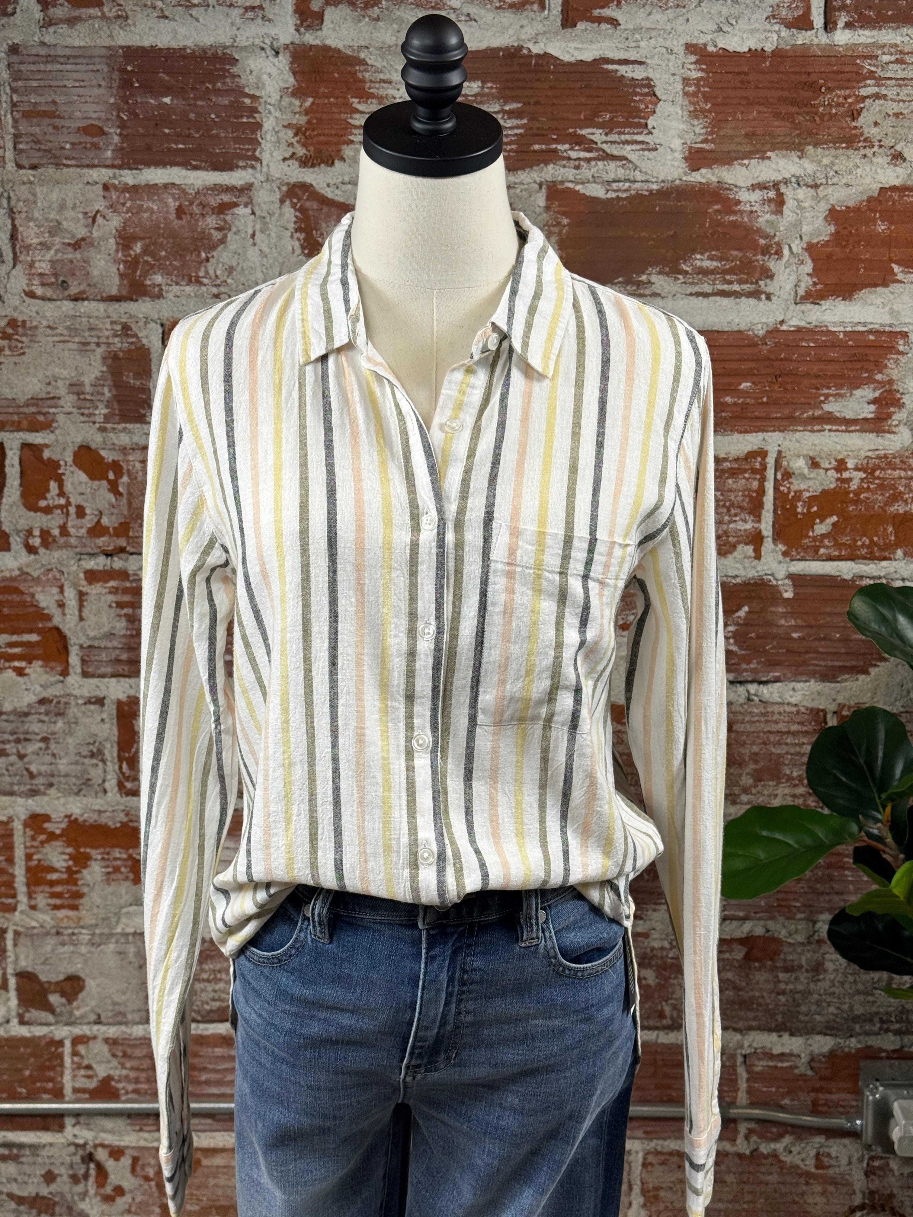 Thread & Supply Ashby Shirt in Olive & Peach Stripe-112 - Woven Top S/S (Jan - June)-Little Bird Boutique