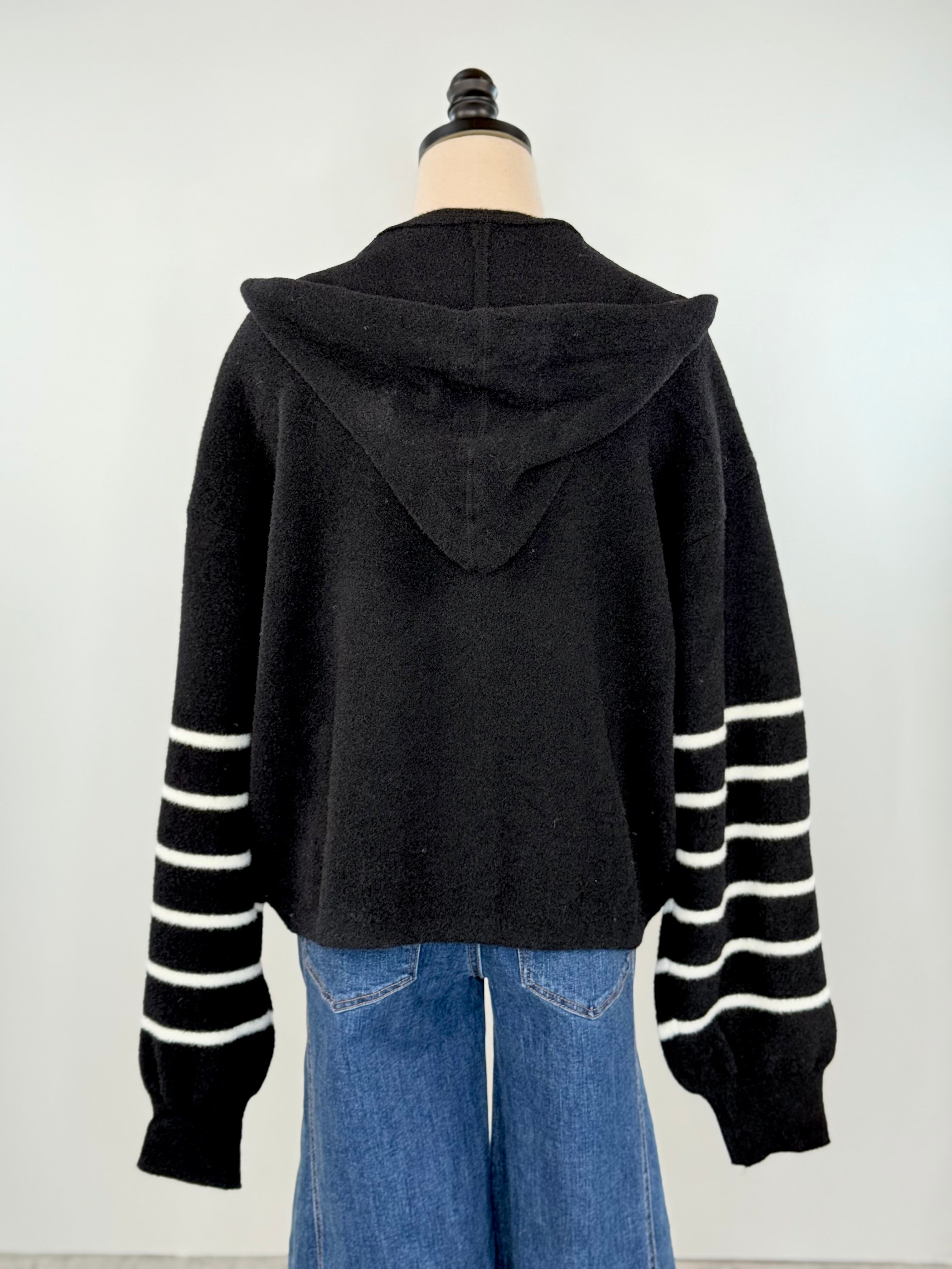 OAT NYC Knit Hoodie Jacket in Black with White Stripes-142 Sweatshirts & Hoodies-Little Bird Boutique