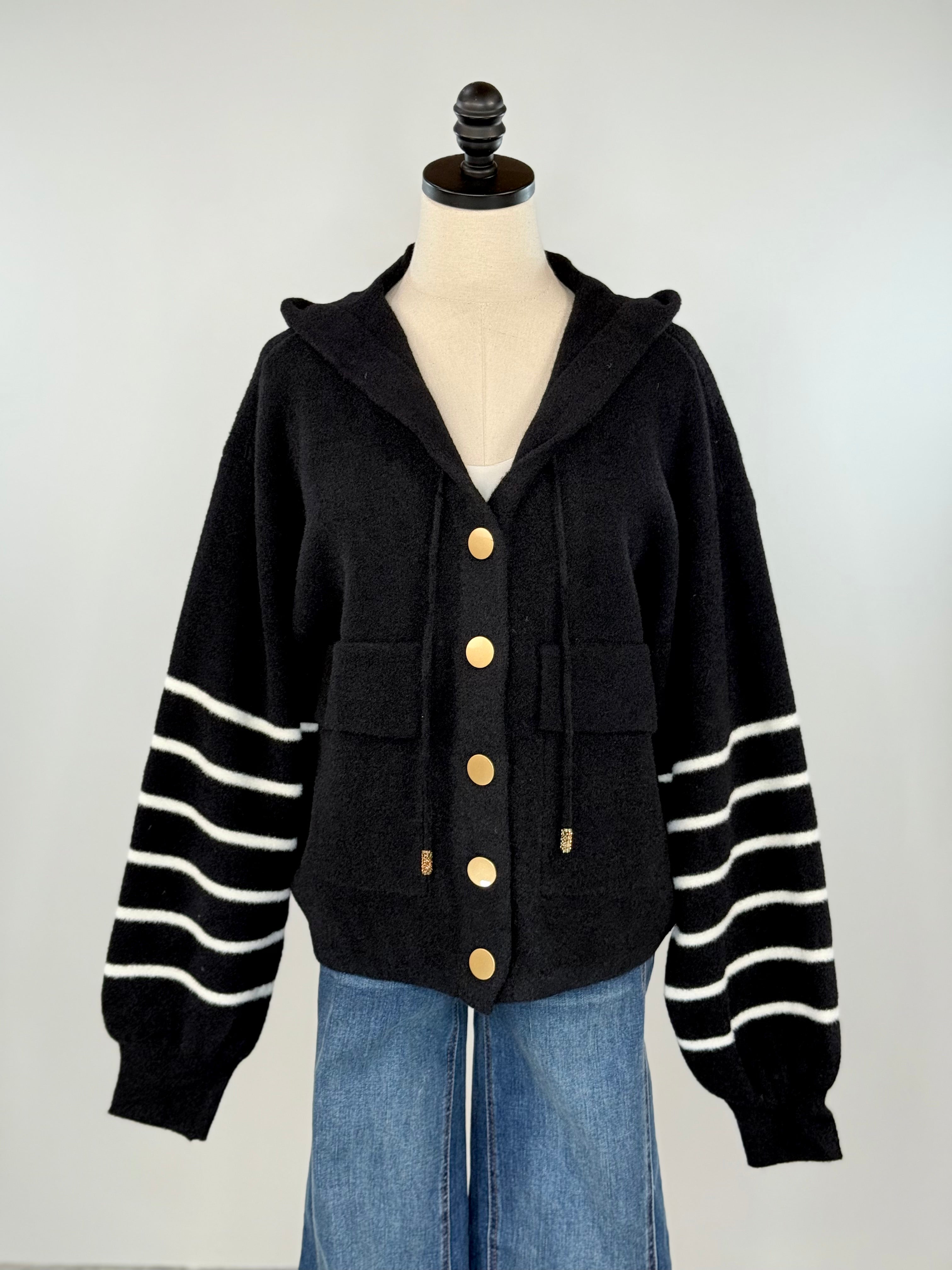 OAT NYC Knit Hoodie Jacket in Black with White Stripes-142 Sweatshirts & Hoodies-Little Bird Boutique