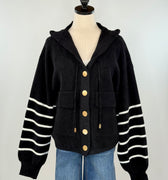 OAT NYC Knit Hoodie Jacket in Black with White Stripes-142 Sweatshirts & Hoodies-Little Bird Boutique