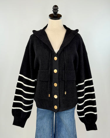 OAT NYC Knit Hoodie Jacket in Black with White Stripes-142 Sweatshirts & Hoodies-Little Bird Boutique