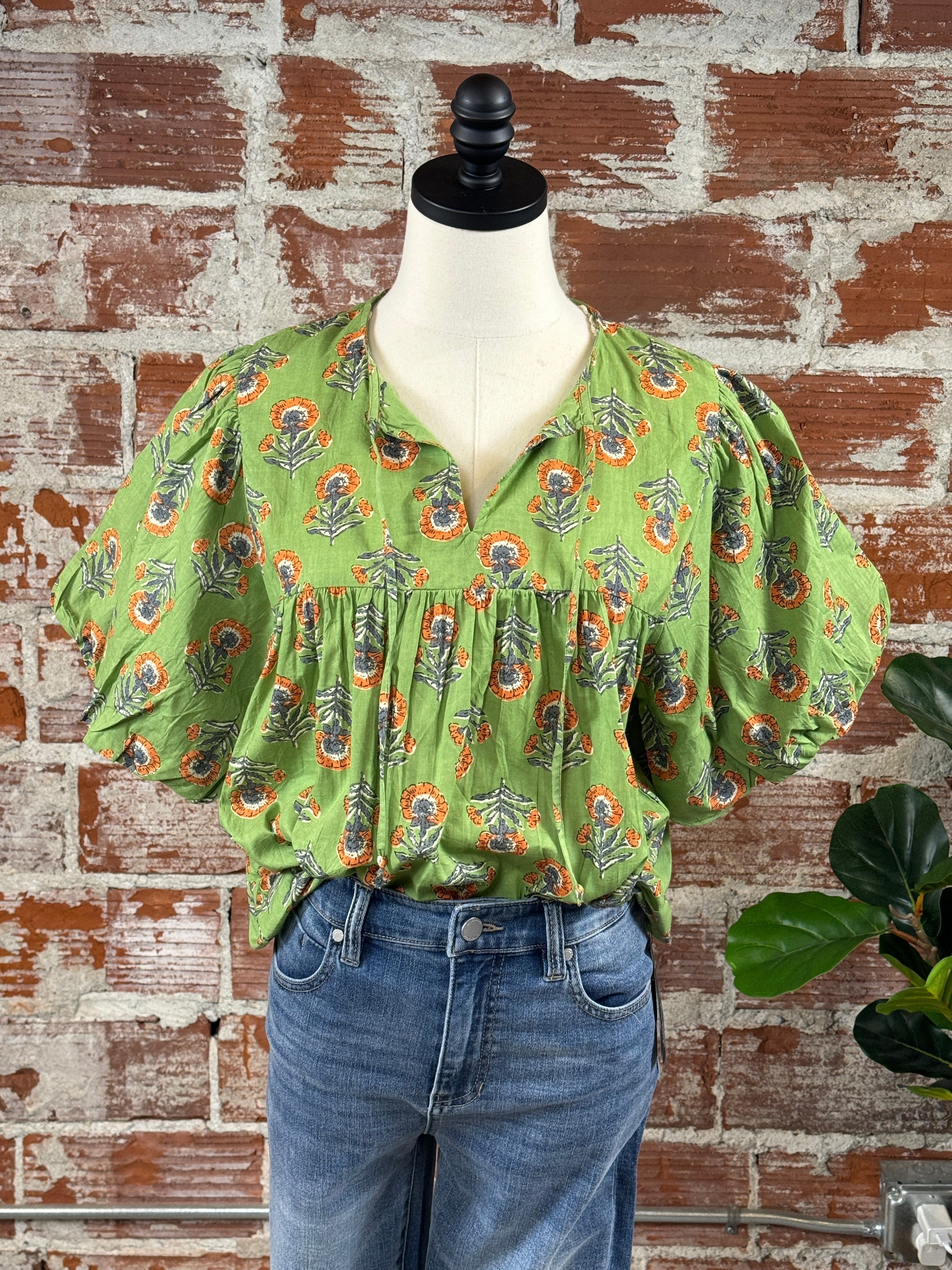 (Restock!) THML Mia Floral Top in Green-112 - Woven Top S/S (Jan - June)-Little Bird Boutique