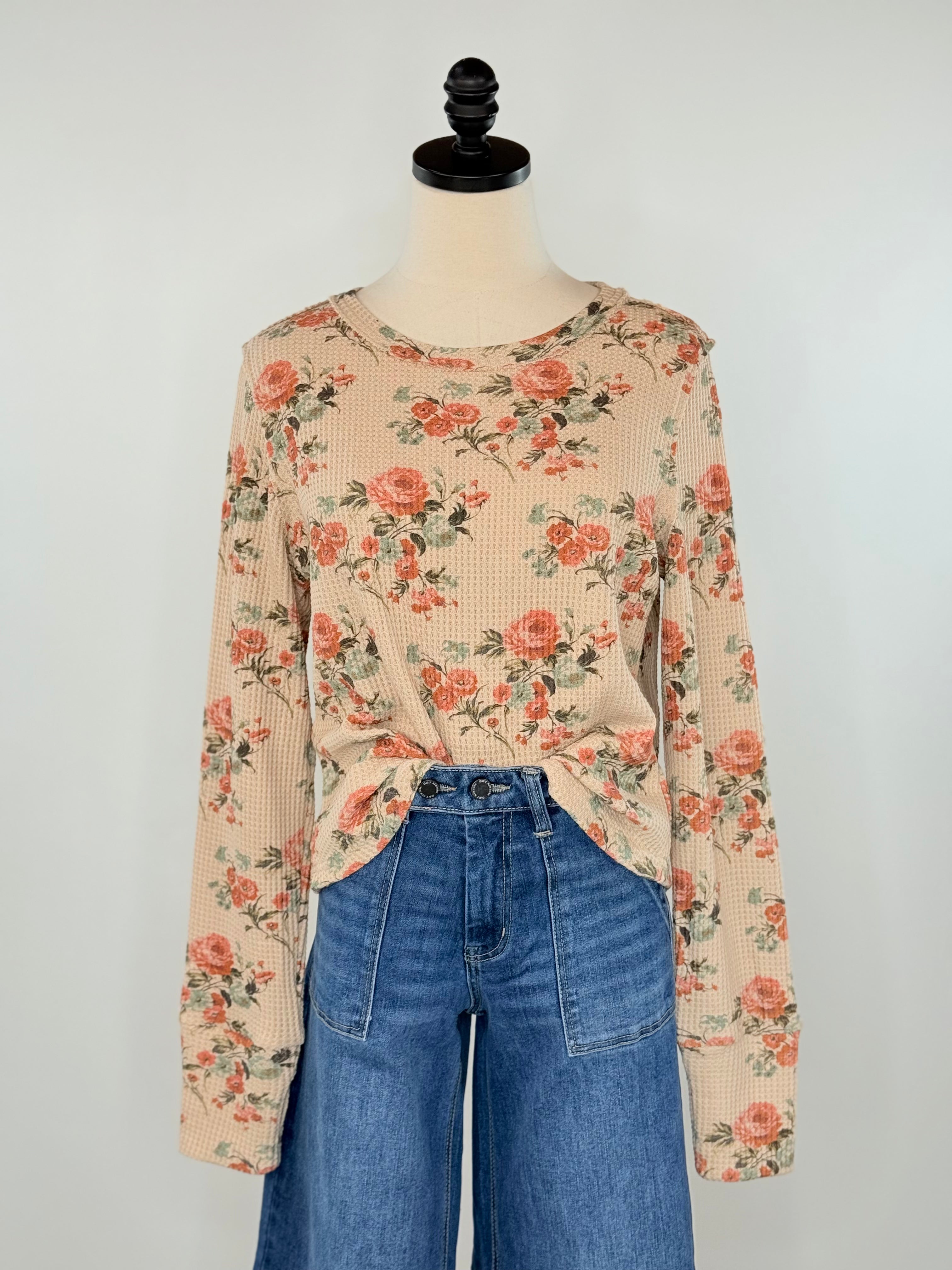 Cora Floral Waffle Knit Top in Praline