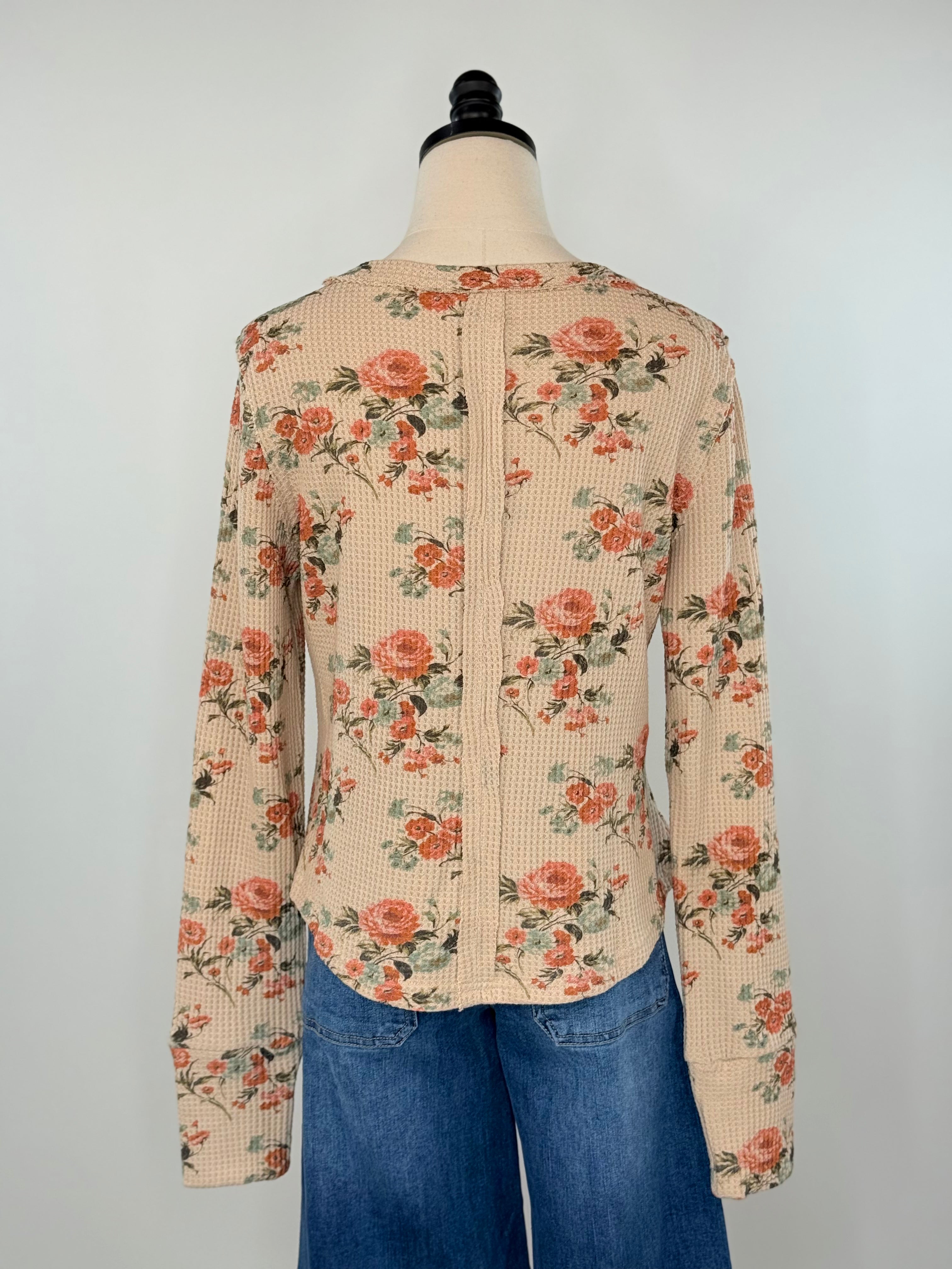 Cora Floral Waffle Knit Top in Praline