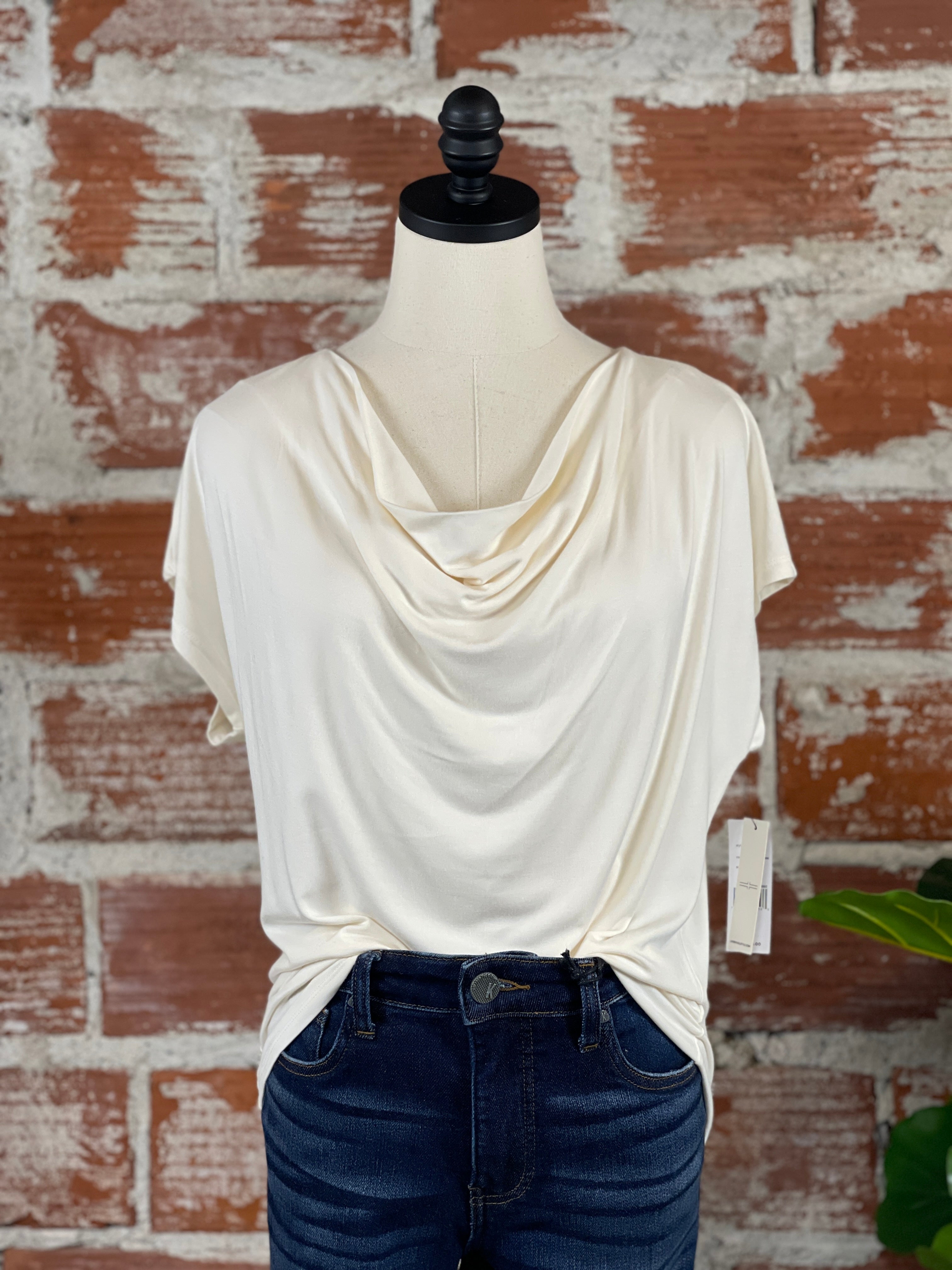 Liverpool Draped Cowl Neck Knit Top in Ivory-122 - Jersey Tops S/S (Jan - June)-Little Bird Boutique