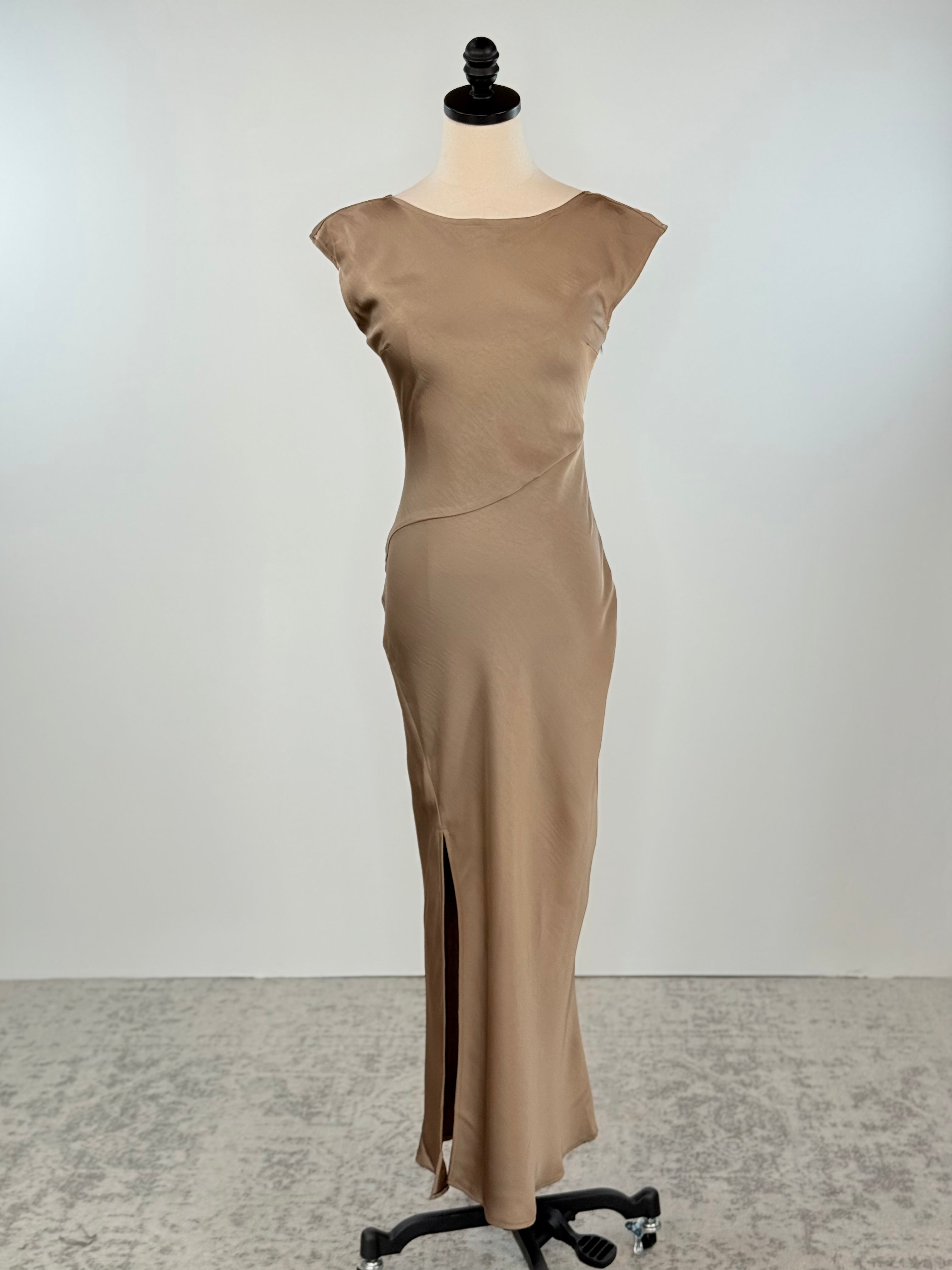 Helen Dress in Beige Satin-152 Dresses - Long-Little Bird Boutique