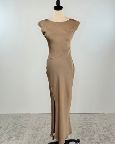 Helen Dress in Beige Satin-152 Dresses - Long-Little Bird Boutique