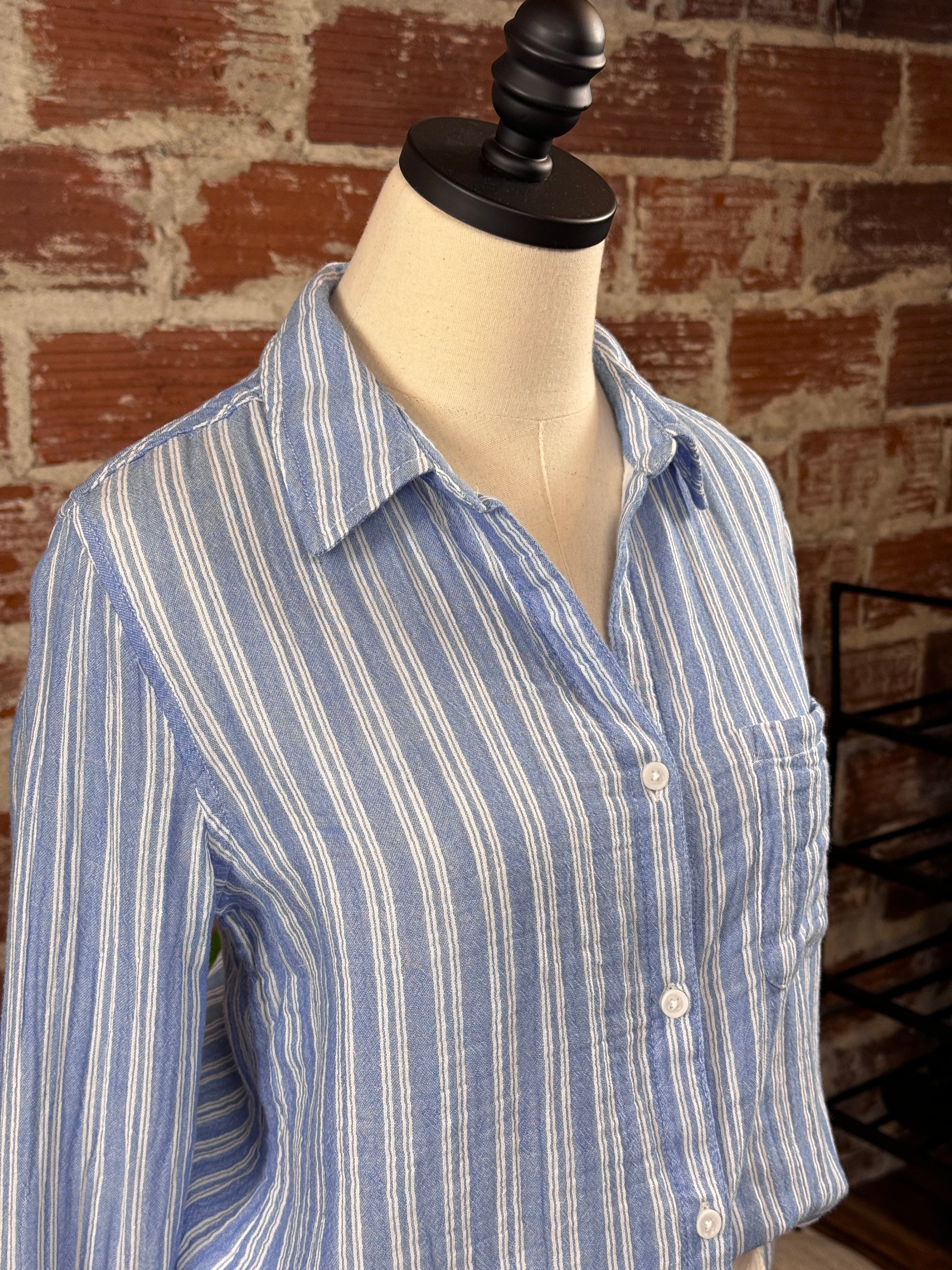Alessia Top in Blue Stripe-112 Woven Tops - Long Sleeve-Little Bird Boutique