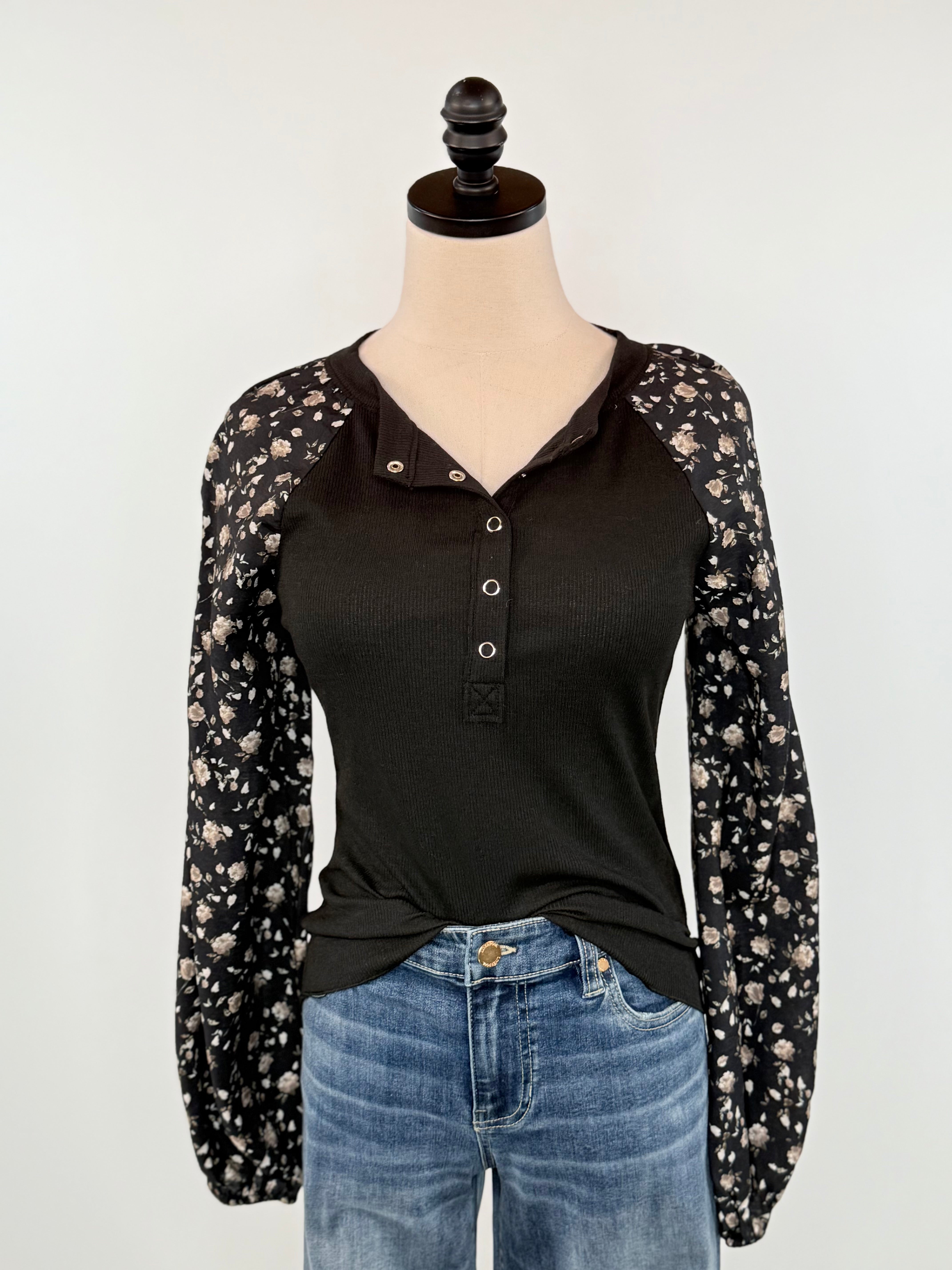 Hudson Top in Black with Floral Sleeves-111 - Woven Top F/W (June- Nov)-Little Bird Boutique