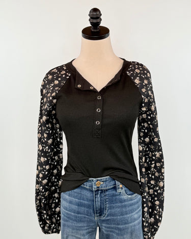 Hudson Top in Black with Floral Sleeves-111 - Woven Top F/W (June- Nov)-Little Bird Boutique