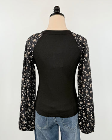 Hudson Top in Black with Floral Sleeves-111 - Woven Top F/W (June- Nov)-Little Bird Boutique