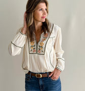 Lovestitch Floral Embroidery Top in Vanilla and Sage-111 - Woven Top F/W (June- Nov)-Little Bird Boutique