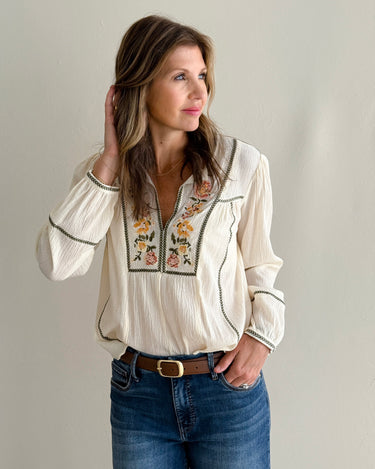 Lovestitch Floral Embroidery Top in Vanilla and Sage-111 - Woven Top F/W (June- Nov)-Little Bird Boutique