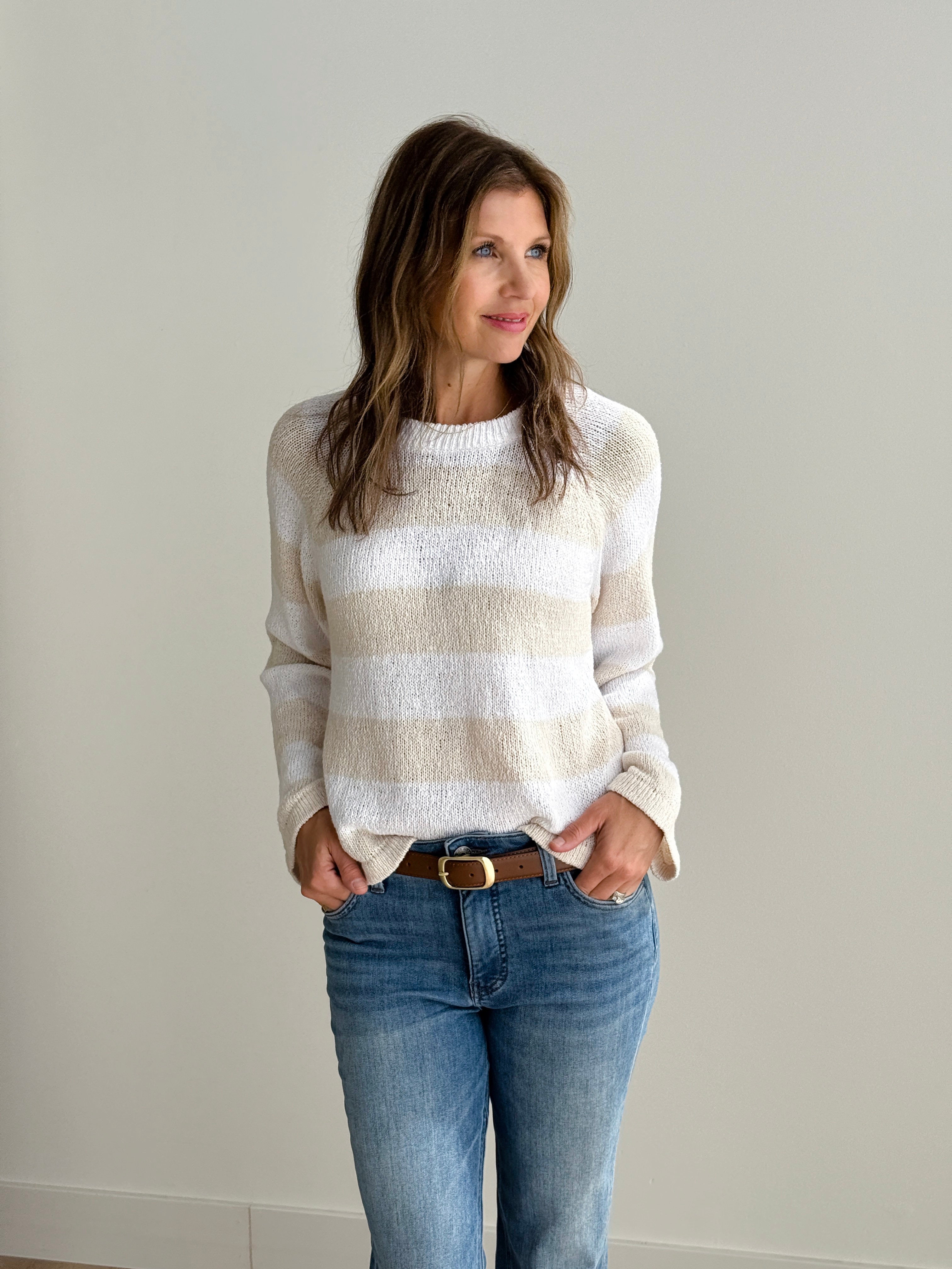 Sanctuary Raglan Crew Sweater in White and Light Oat Stripe-131 - Sweaters F/W (June - Nov)-Little Bird Boutique