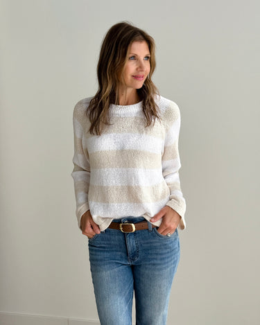 Sanctuary Raglan Crew Sweater in White and Light Oat Stripe-131 - Sweaters F/W (June - Nov)-Little Bird Boutique