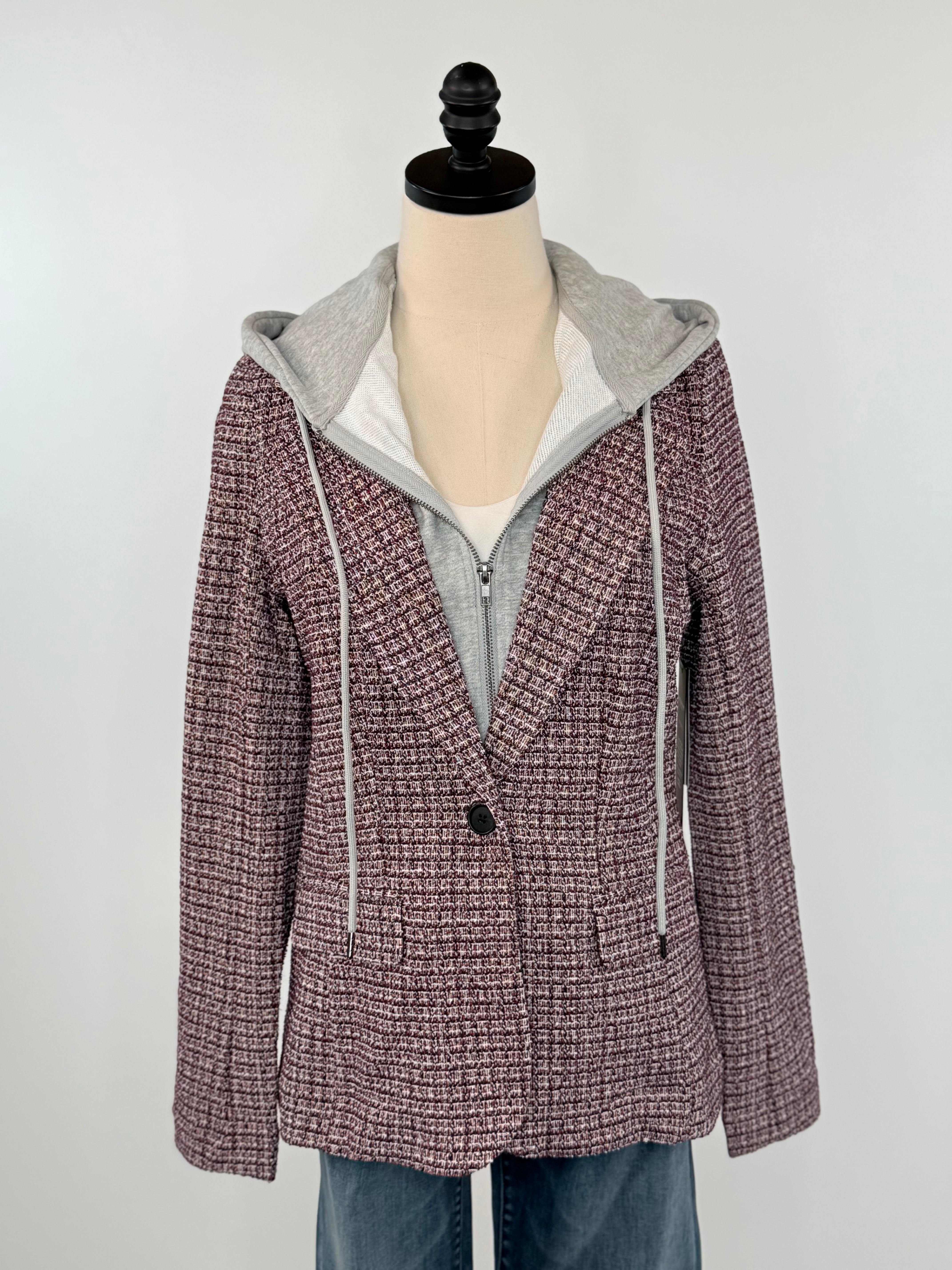 Liverpool Boyfriend Blazer with Removable Hood in Wine Multi-143 Blazers-Little Bird Boutique
