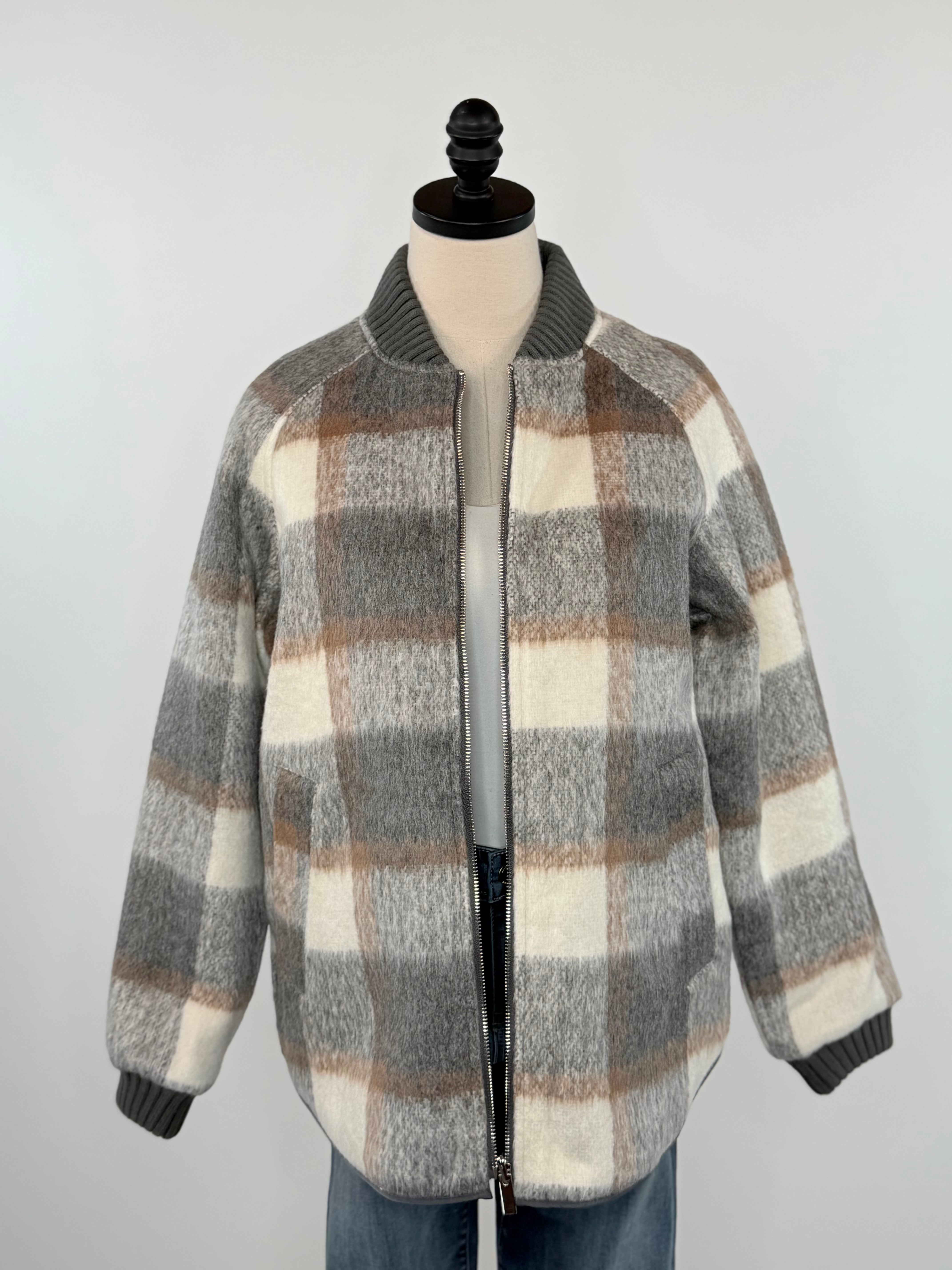 Flag and Anthem Anniston Reversible Quilted Bomber Jacket in Grey and Brown-141 Outerwear Coats & Jackets-Little Bird Boutique