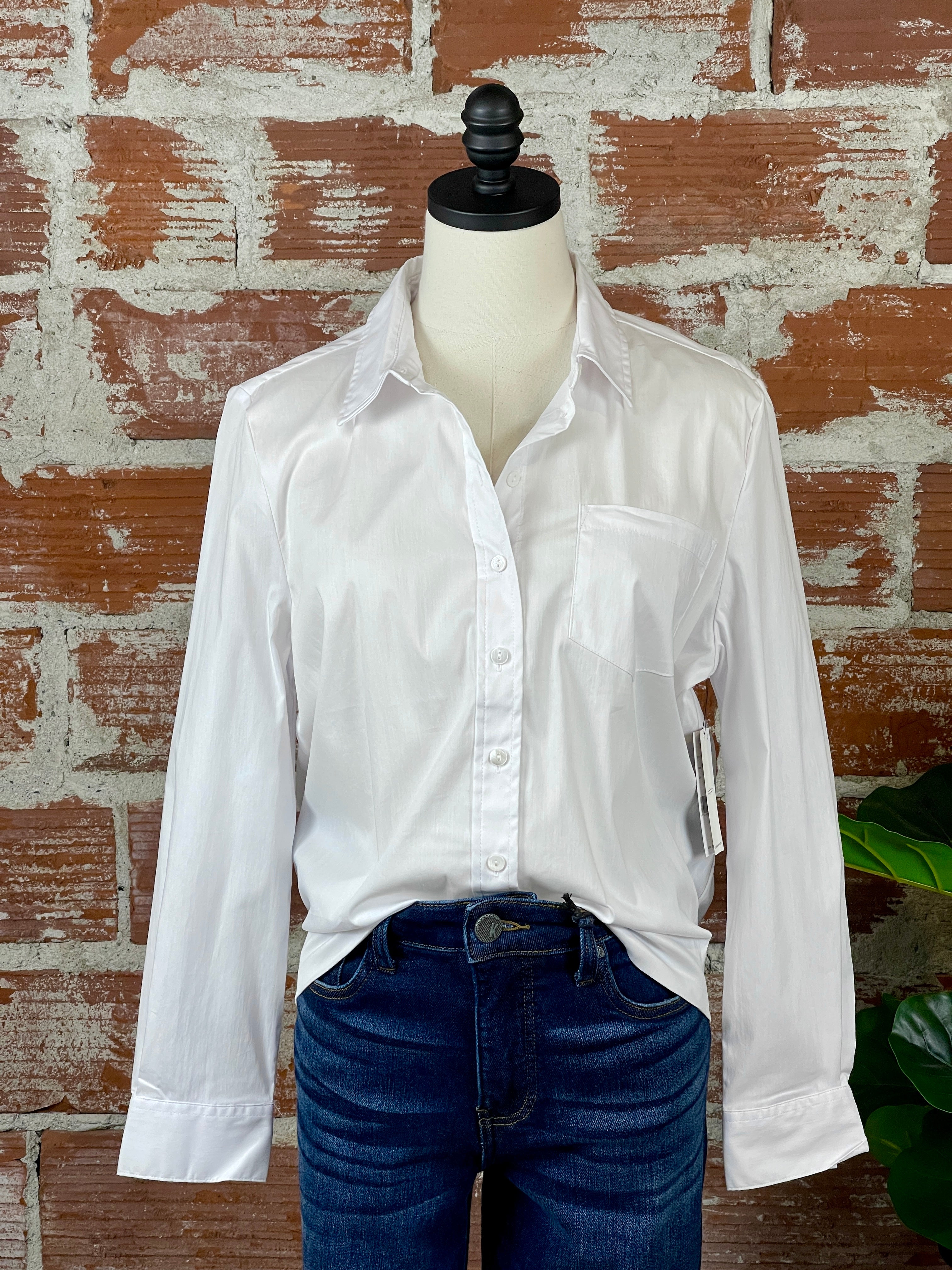 Liverpool Elastic Back Shirt in White-112 Woven Tops - Long Sleeve-Little Bird Boutique