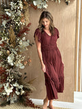 Ruffle Satin Midi Dress in Vino-151 Dresses - Short-Little Bird Boutique