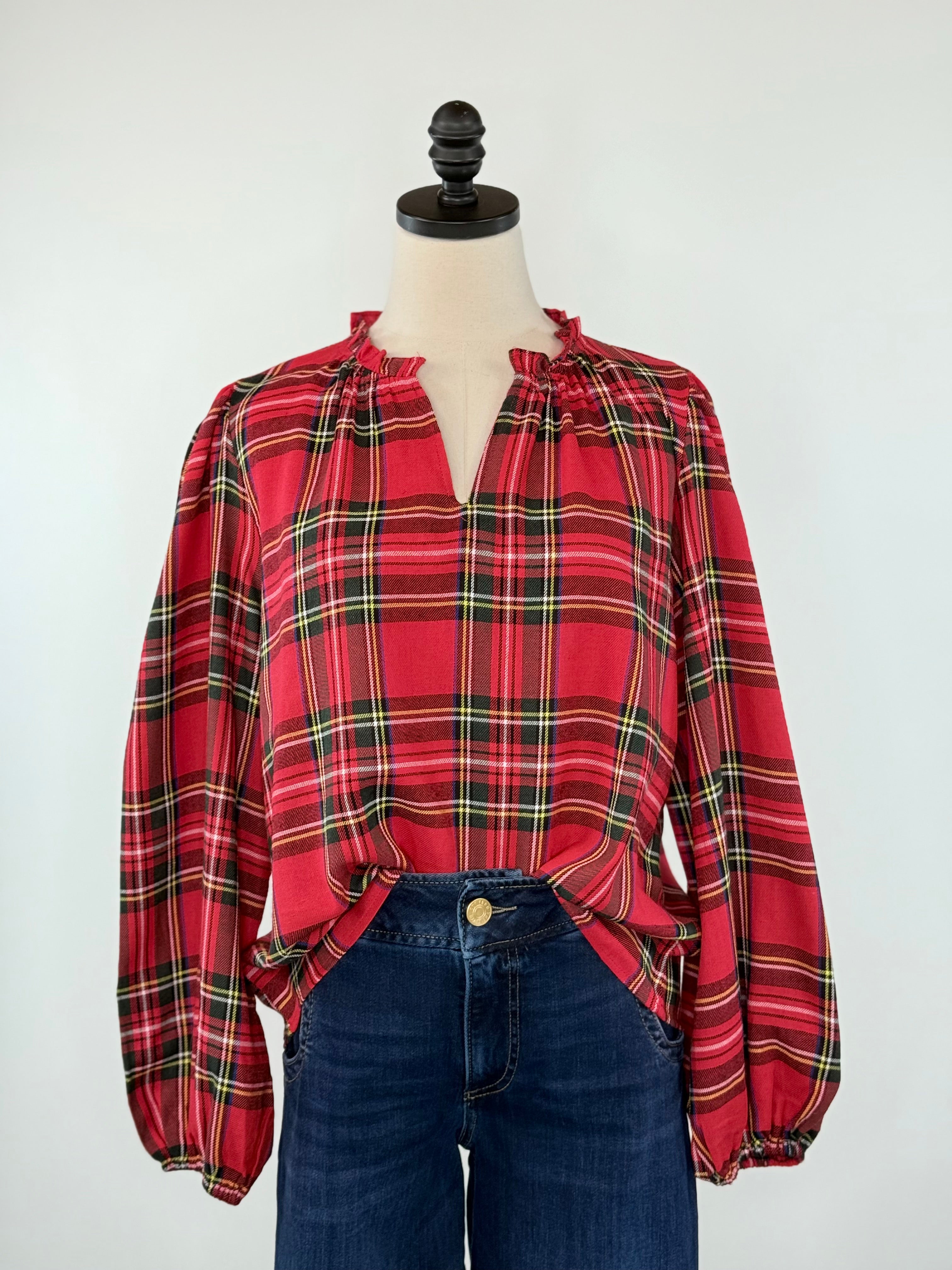 Highland Holiday Blouse in Red Plaid-113 - Woven Tops (Holiday)-Little Bird Boutique