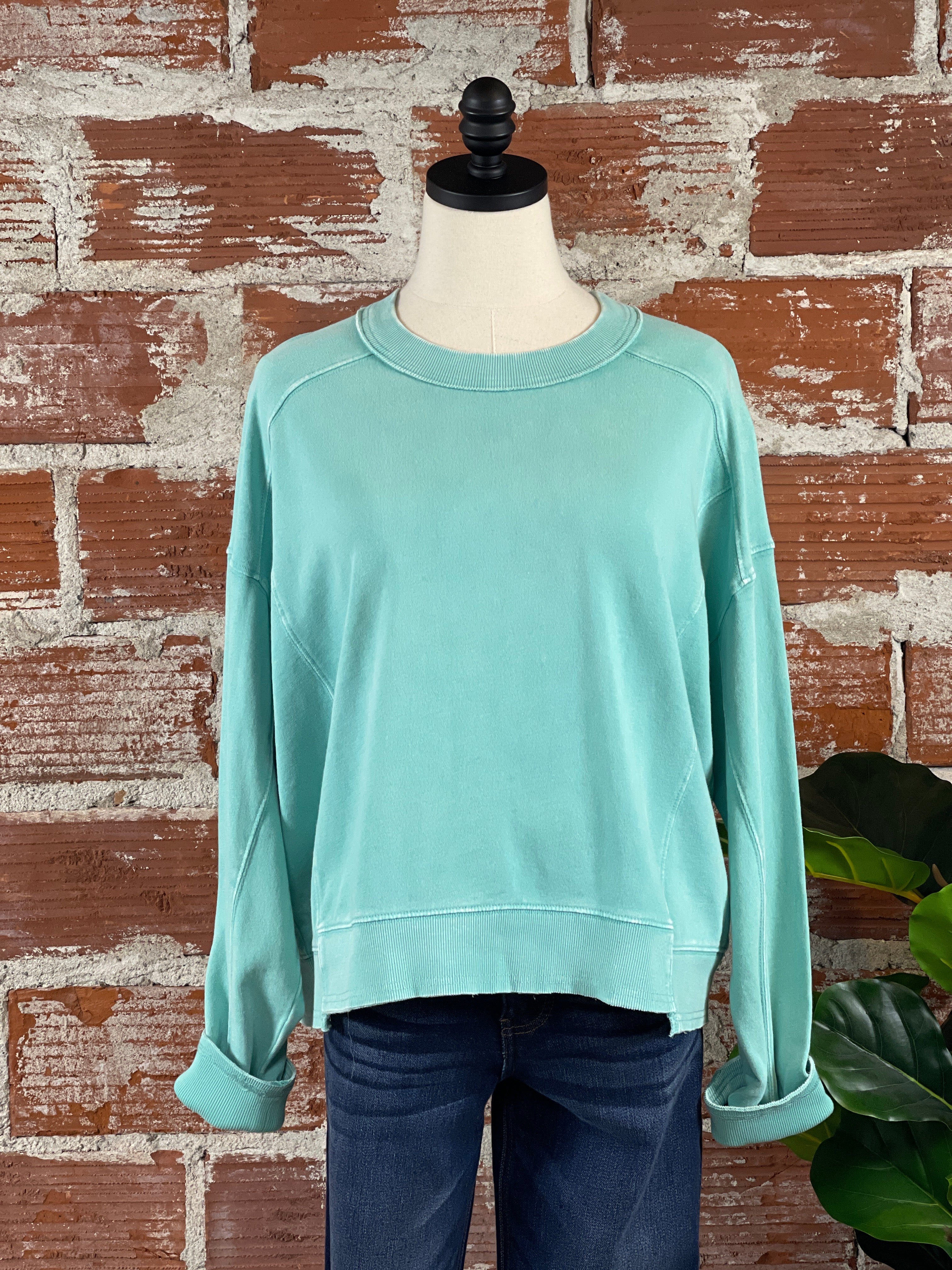 Tracie Mineral Washed Terry Sweatshirt in Aqua-112 Woven Tops - Long Sleeve-Little Bird Boutique