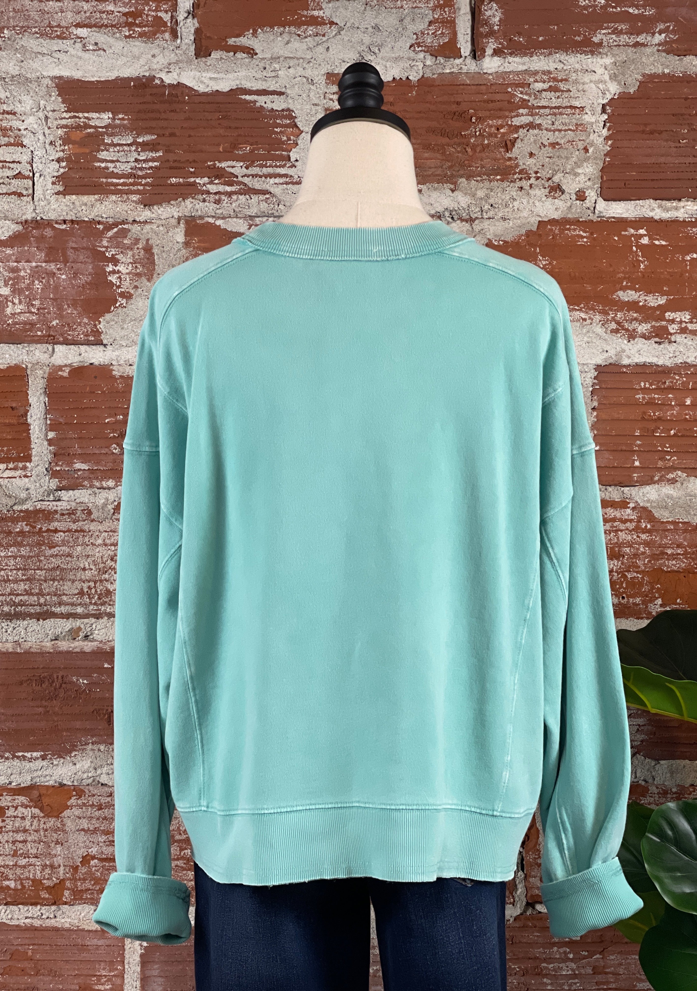 Tracie Mineral Washed Terry Sweatshirt in Aqua-112 Woven Tops - Long Sleeve-Little Bird Boutique