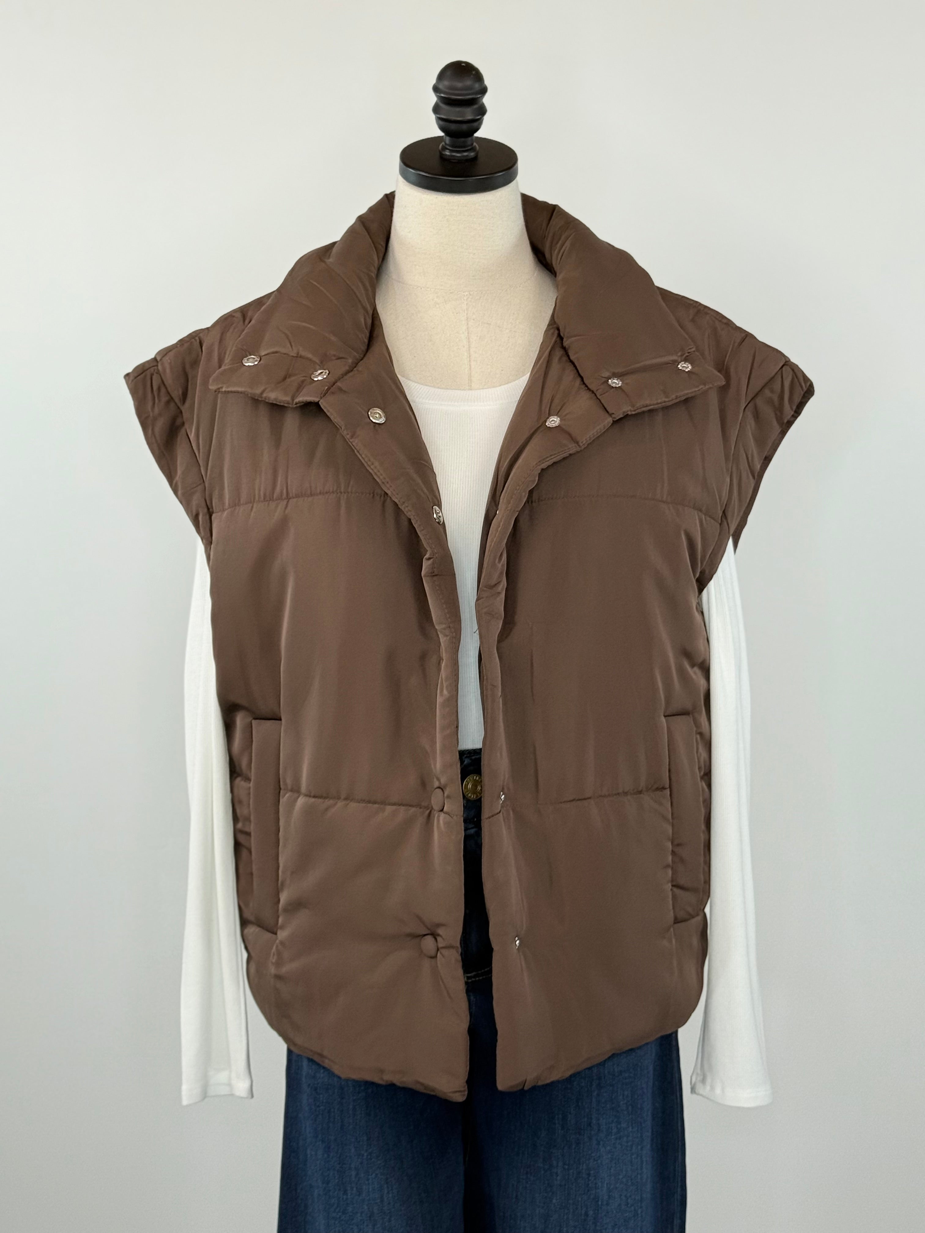 Mocha Puffer Vest in Dark Brown-141 Outerwear Coats & Jackets-Little Bird Boutique