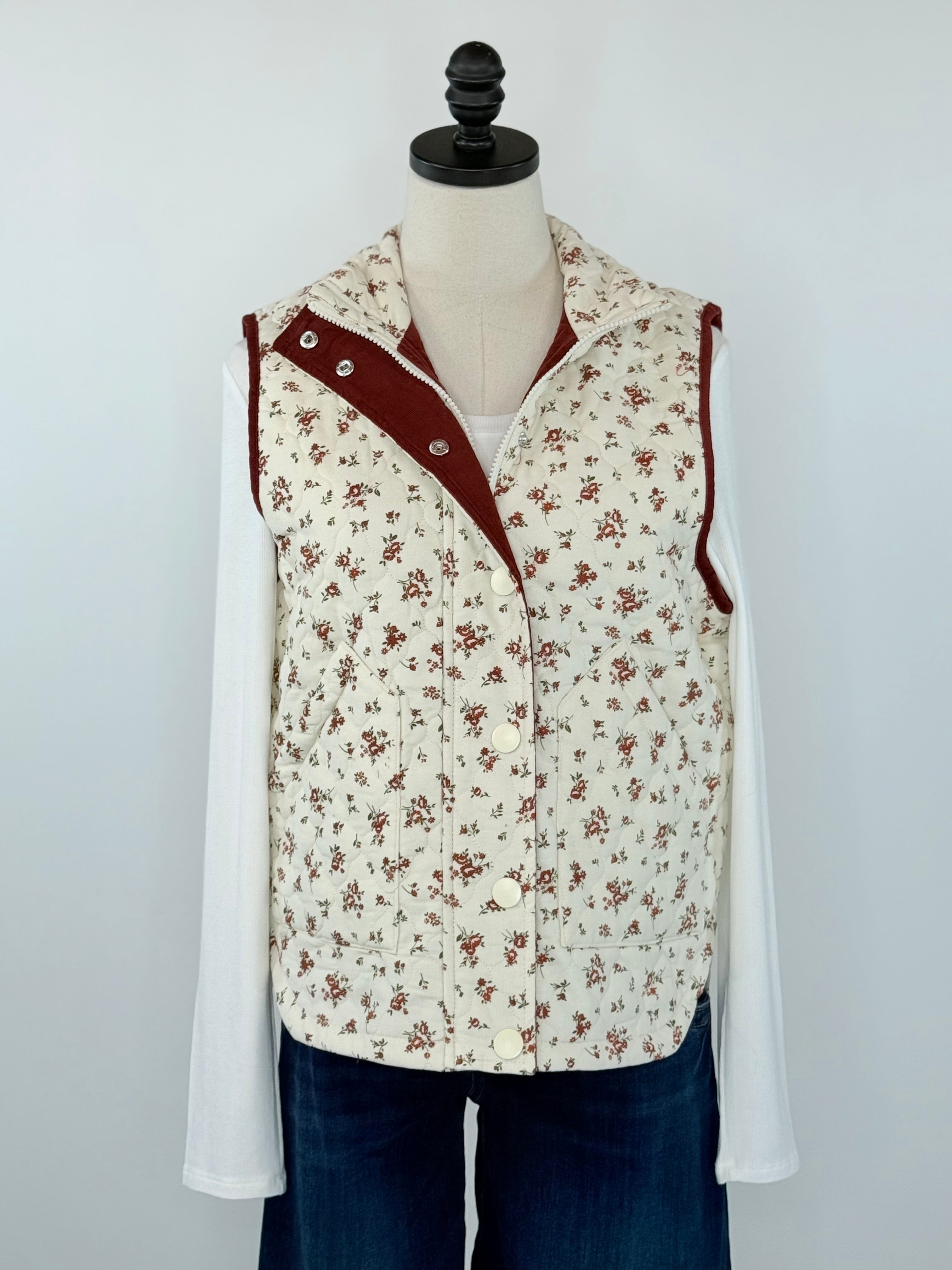 Meadow Stroll Quilted Vest in Cream Floral-141 Outerwear Coats & Jackets-Little Bird Boutique