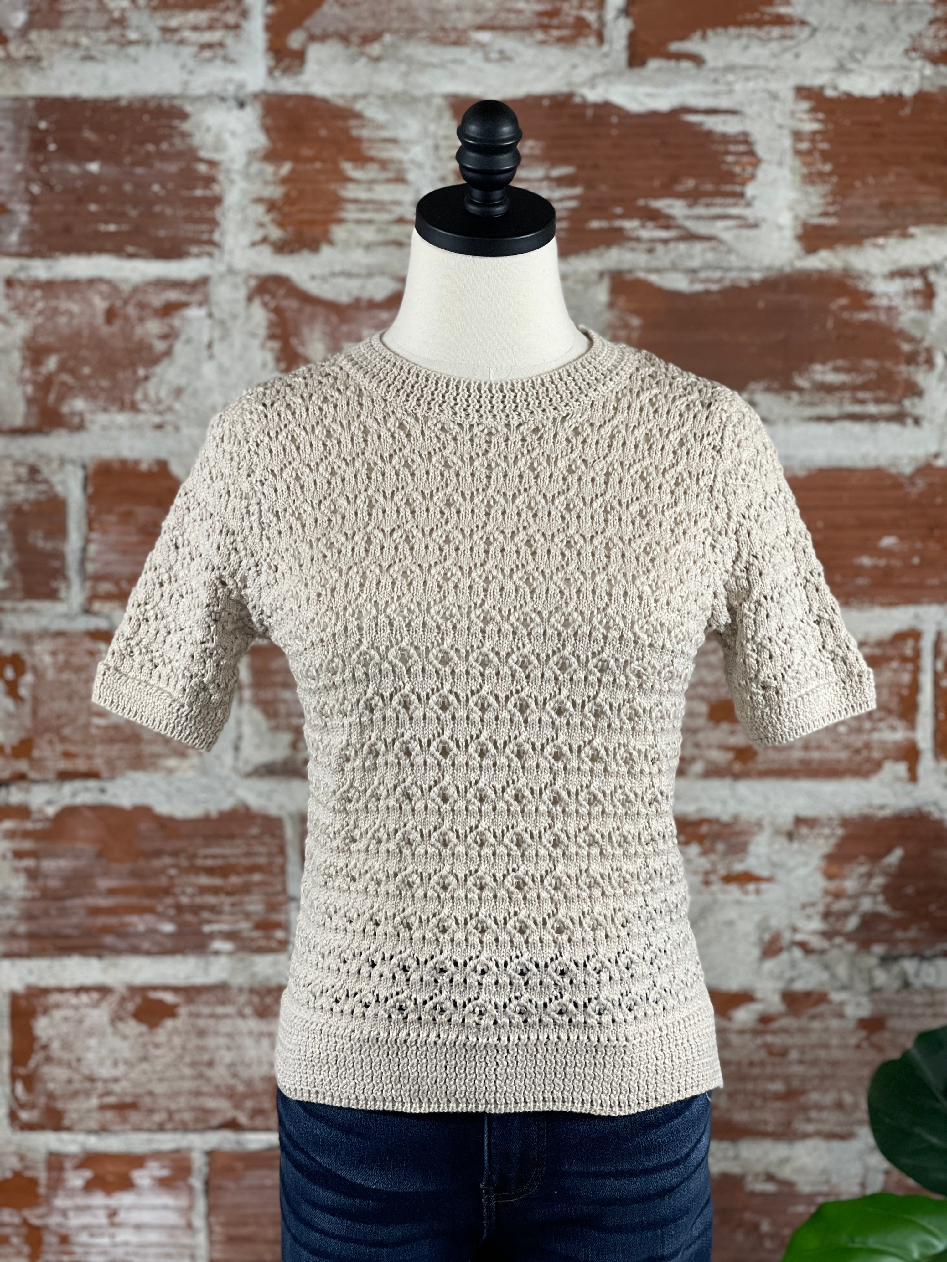 Keeping Up Crochet Knit Sweater in Oatmeal-132 - Sweaters S/S (Jan - June)-Little Bird Boutique