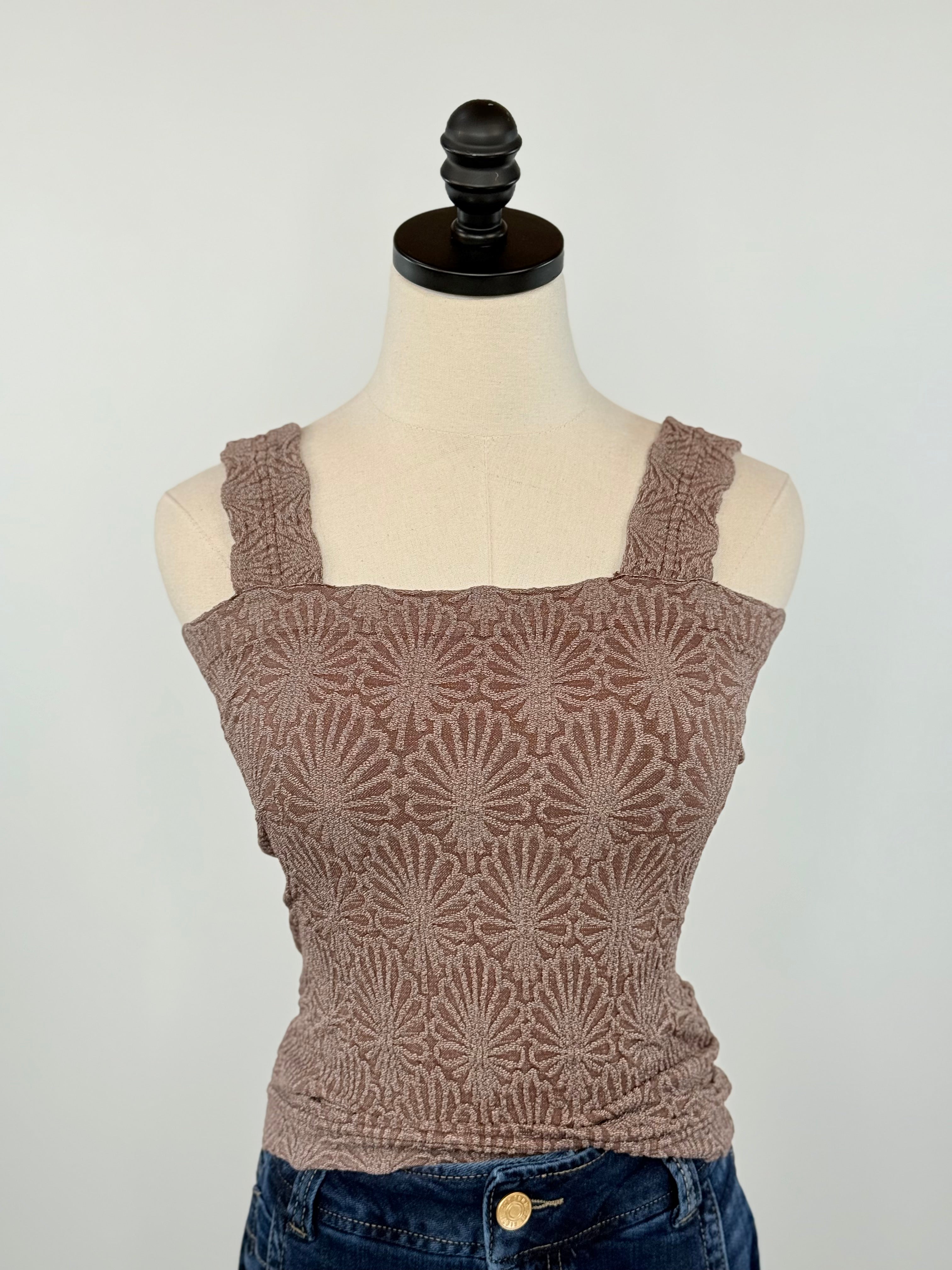 Lace Textured Square Top in French Roast-121 - Jersey Tops F/W (June - Nov)-Little Bird Boutique