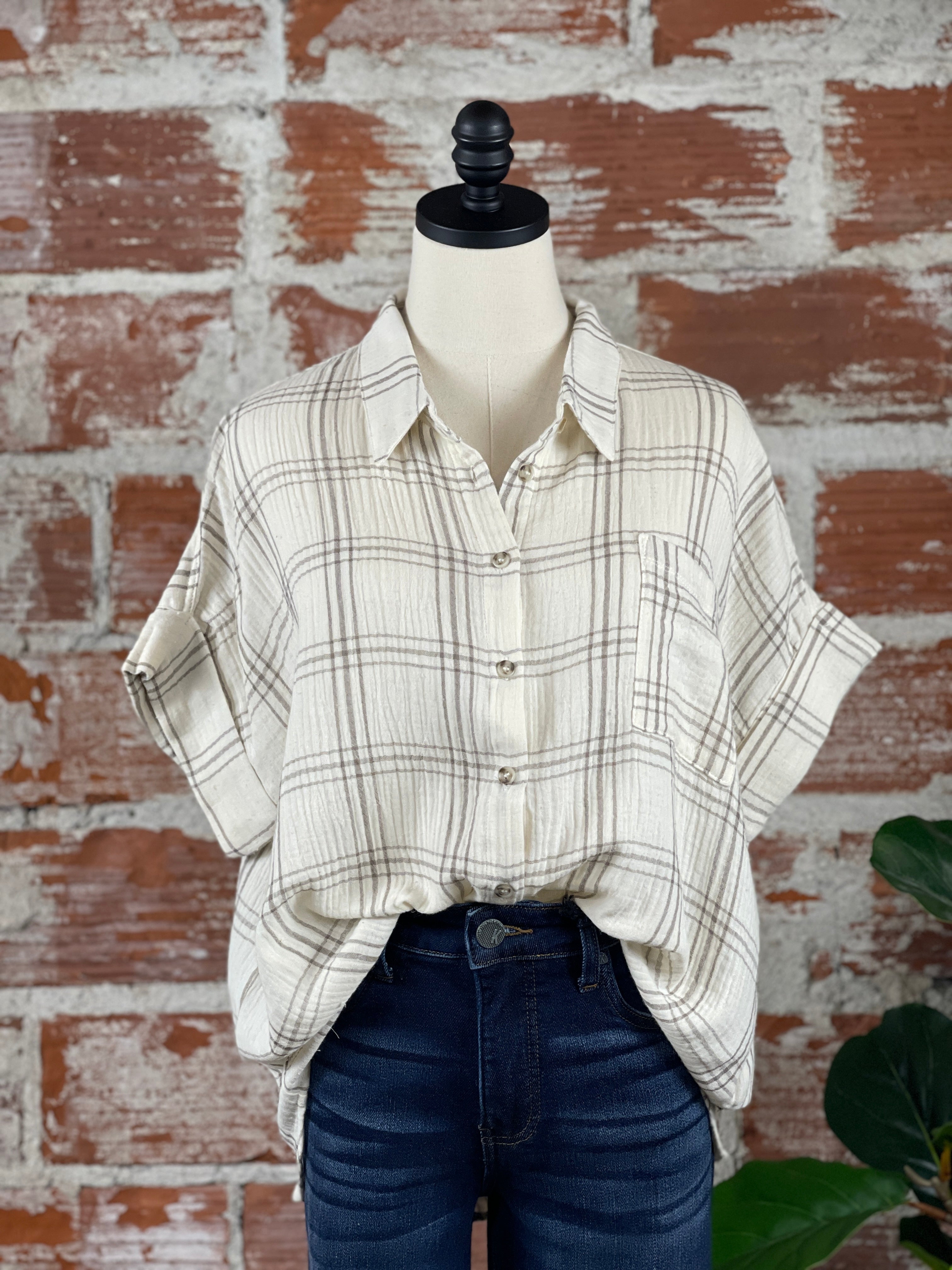 Layton Button Up in Natural & Taupe Plaid-112 - Woven Top S/S (Jan - June)-Little Bird Boutique