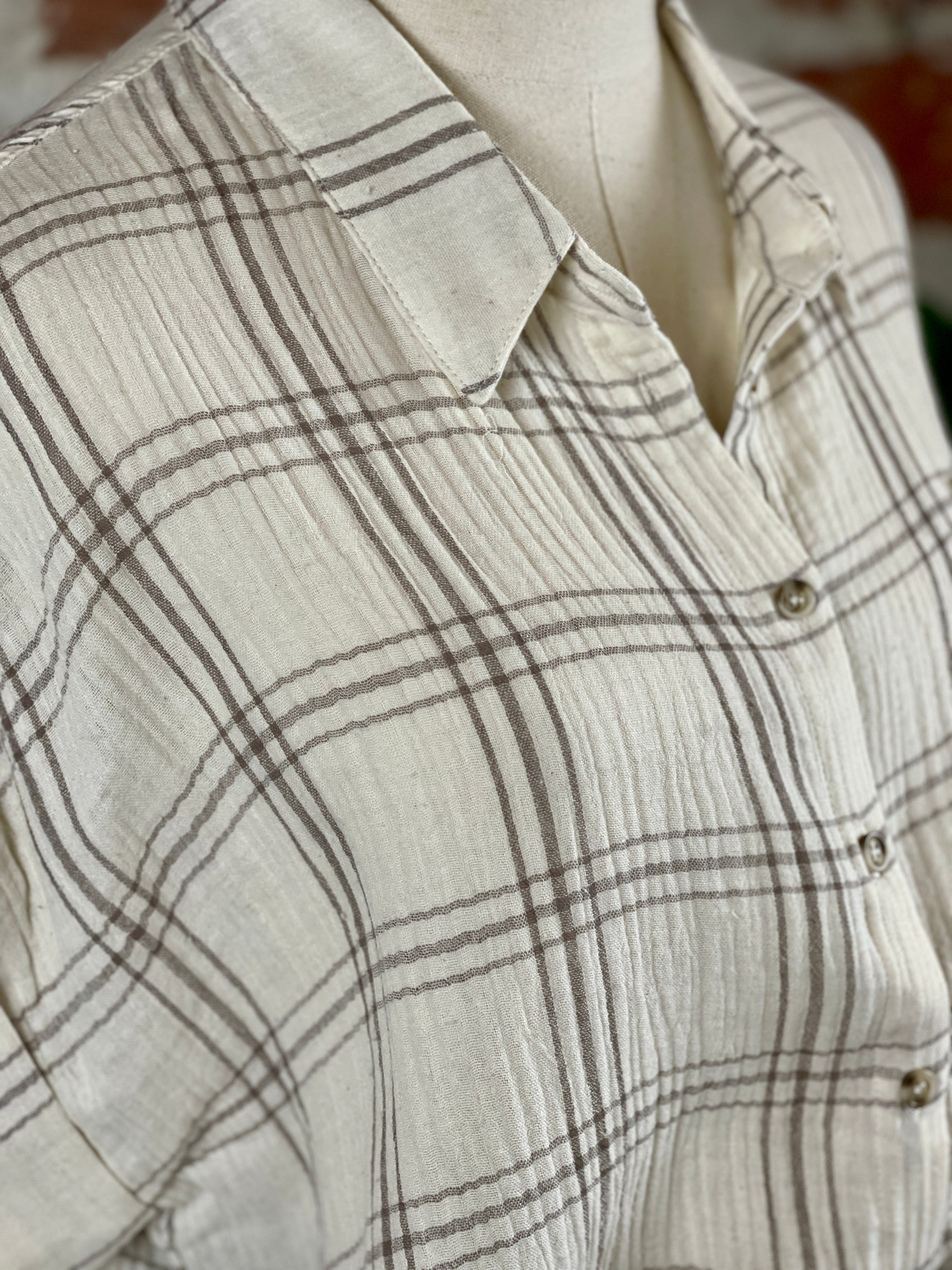 Layton Button Up in Natural & Taupe Plaid-112 - Woven Top S/S (Jan - June)-Little Bird Boutique