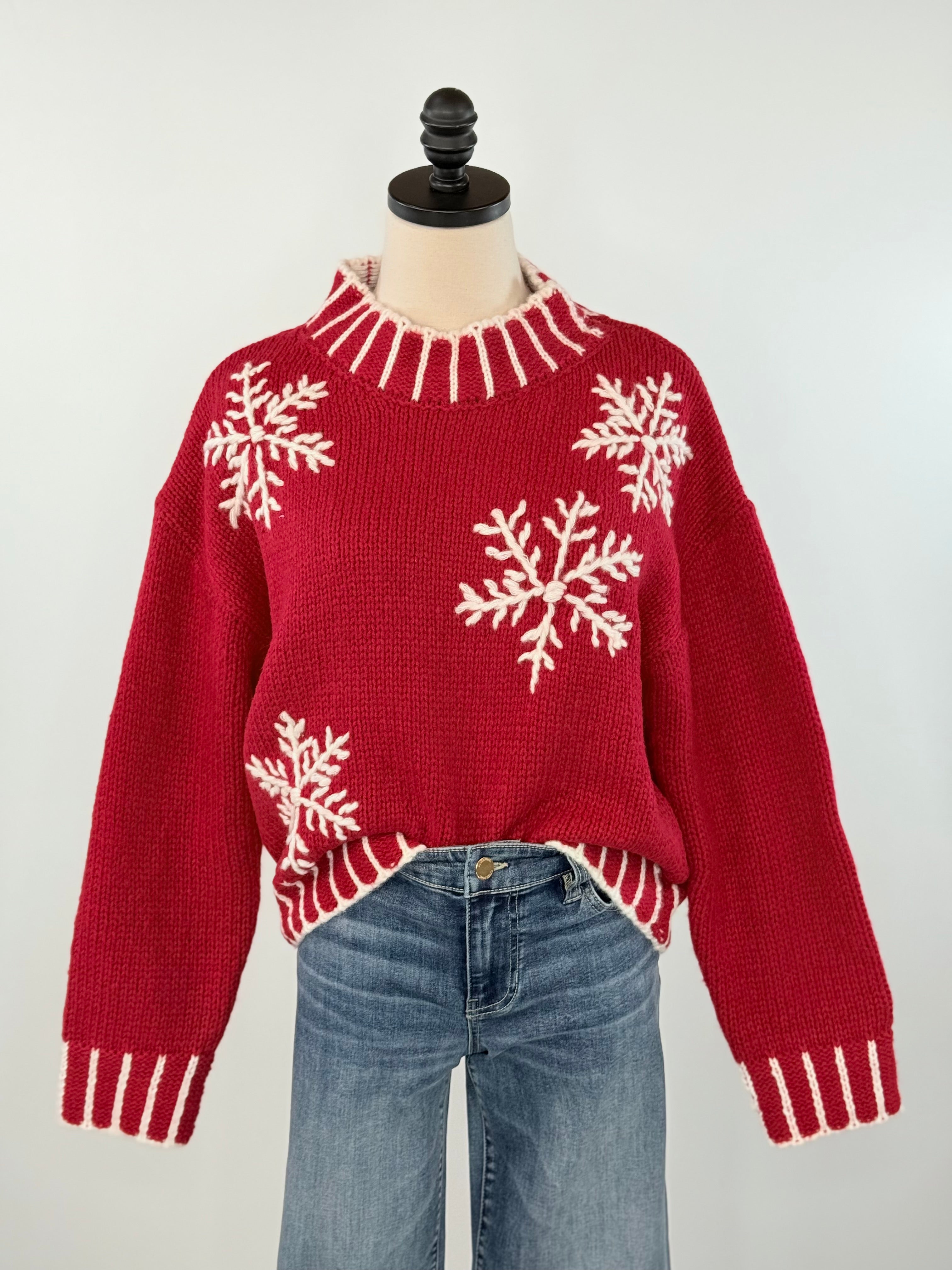 Snow Flake Sweater in Red and Ivory-133 - Sweaters (Holiday)-Little Bird Boutique
