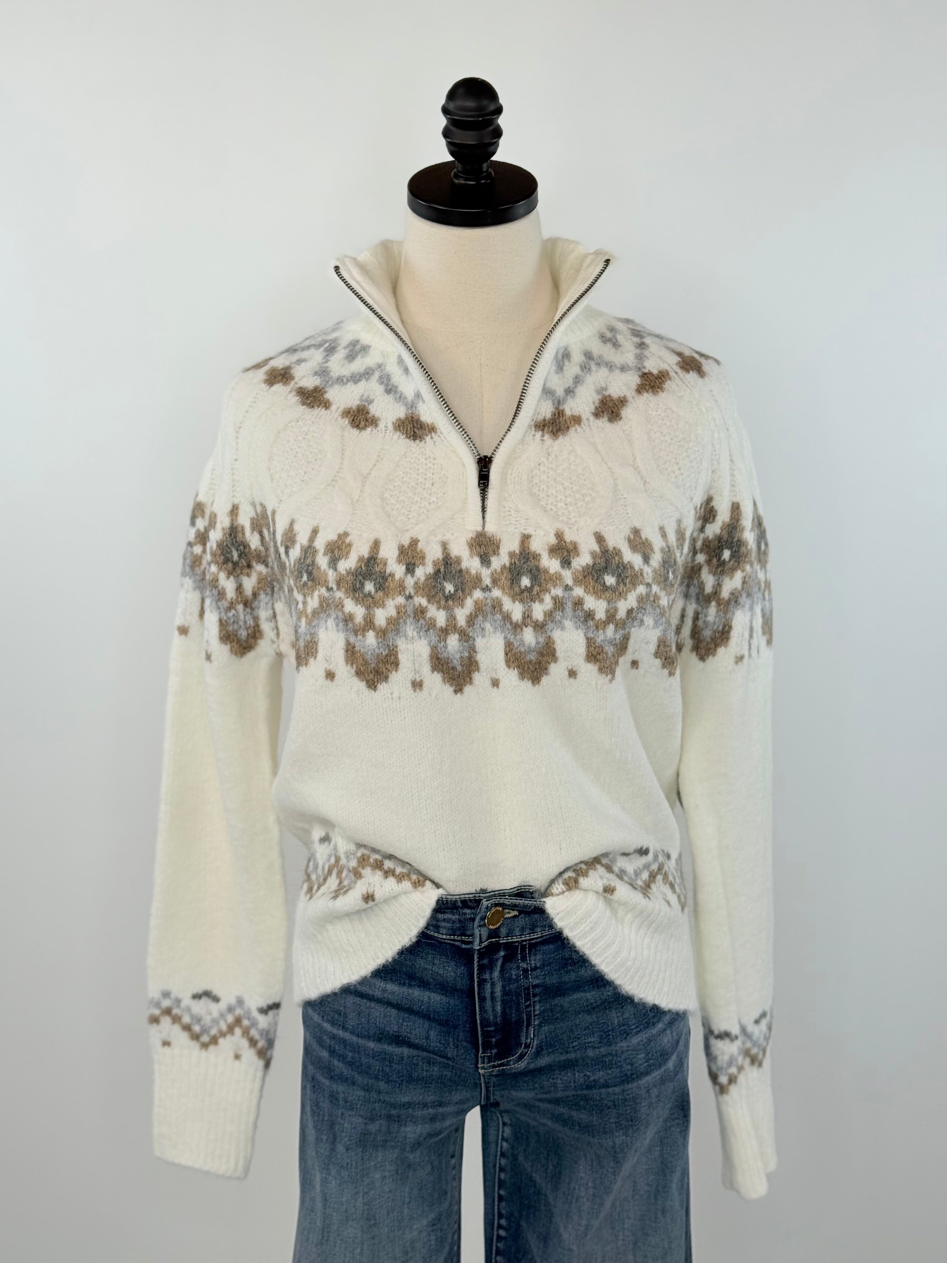 Snowbound Serenity Half-Zip Sweater in Ivory-131 - Sweaters F/W (June - Nov)-Little Bird Boutique