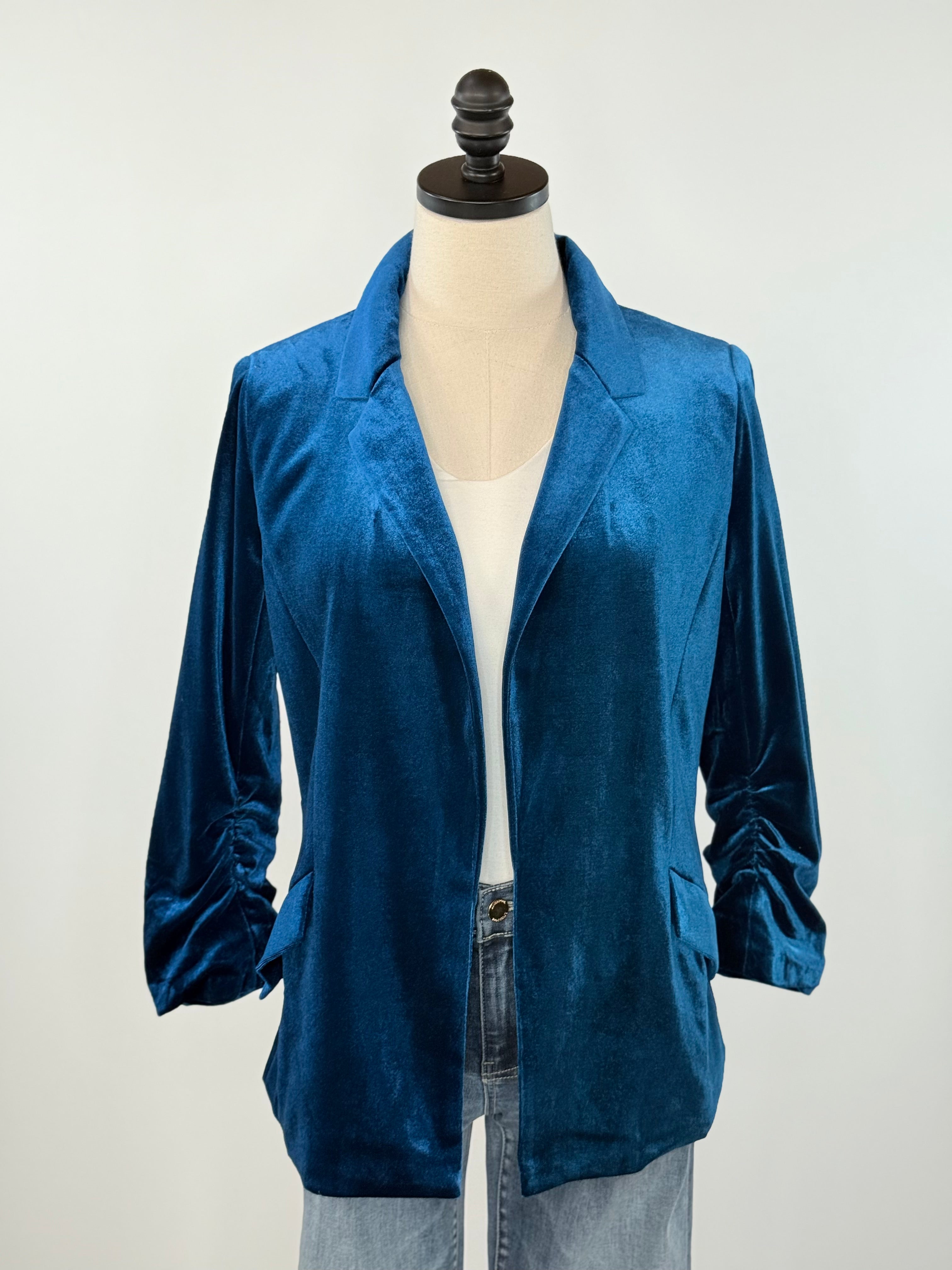 Bennett Velvet Blazer in Teal-143 Blazers-Little Bird Boutique