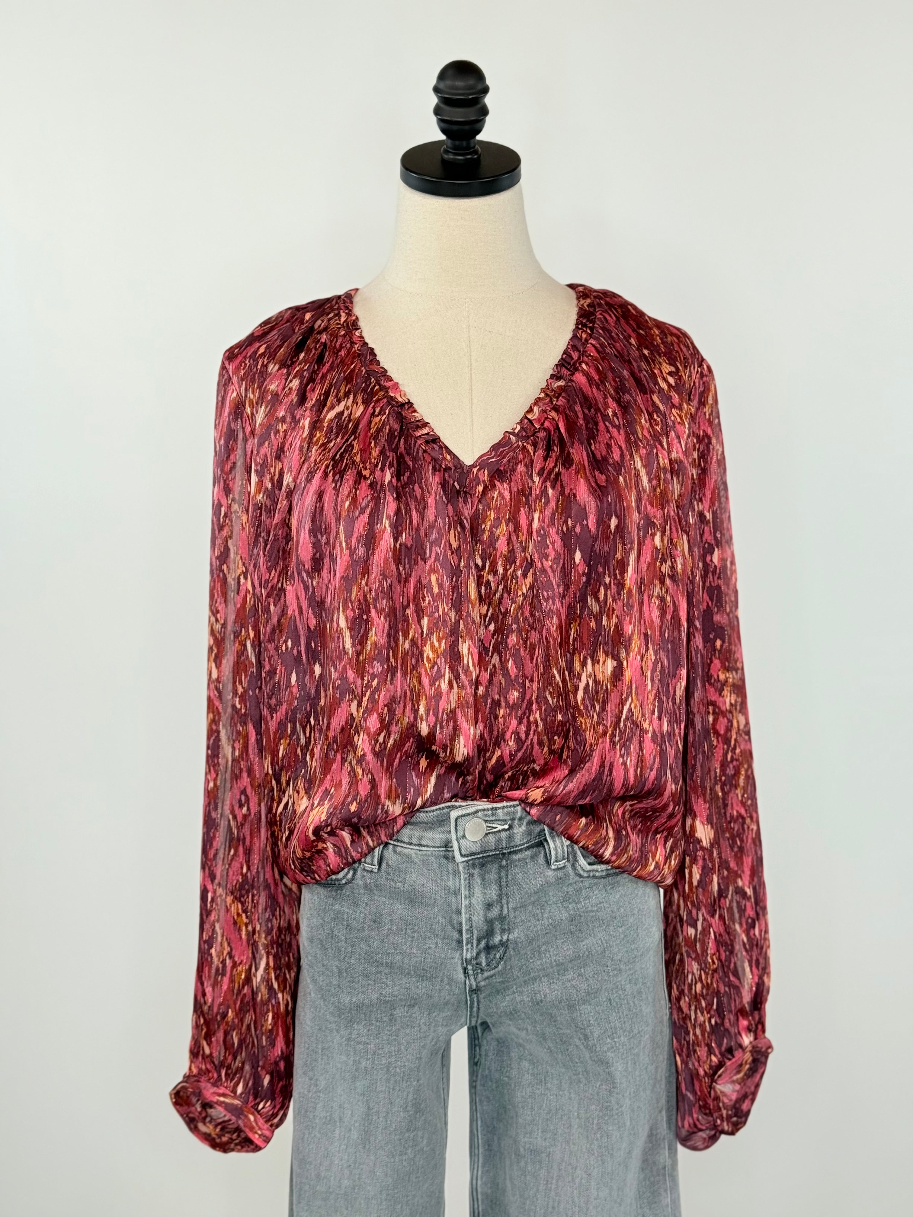 Dear John Piaf Blouse in Pomegranate Flame-113 - Woven Tops (Holiday)-Little Bird Boutique