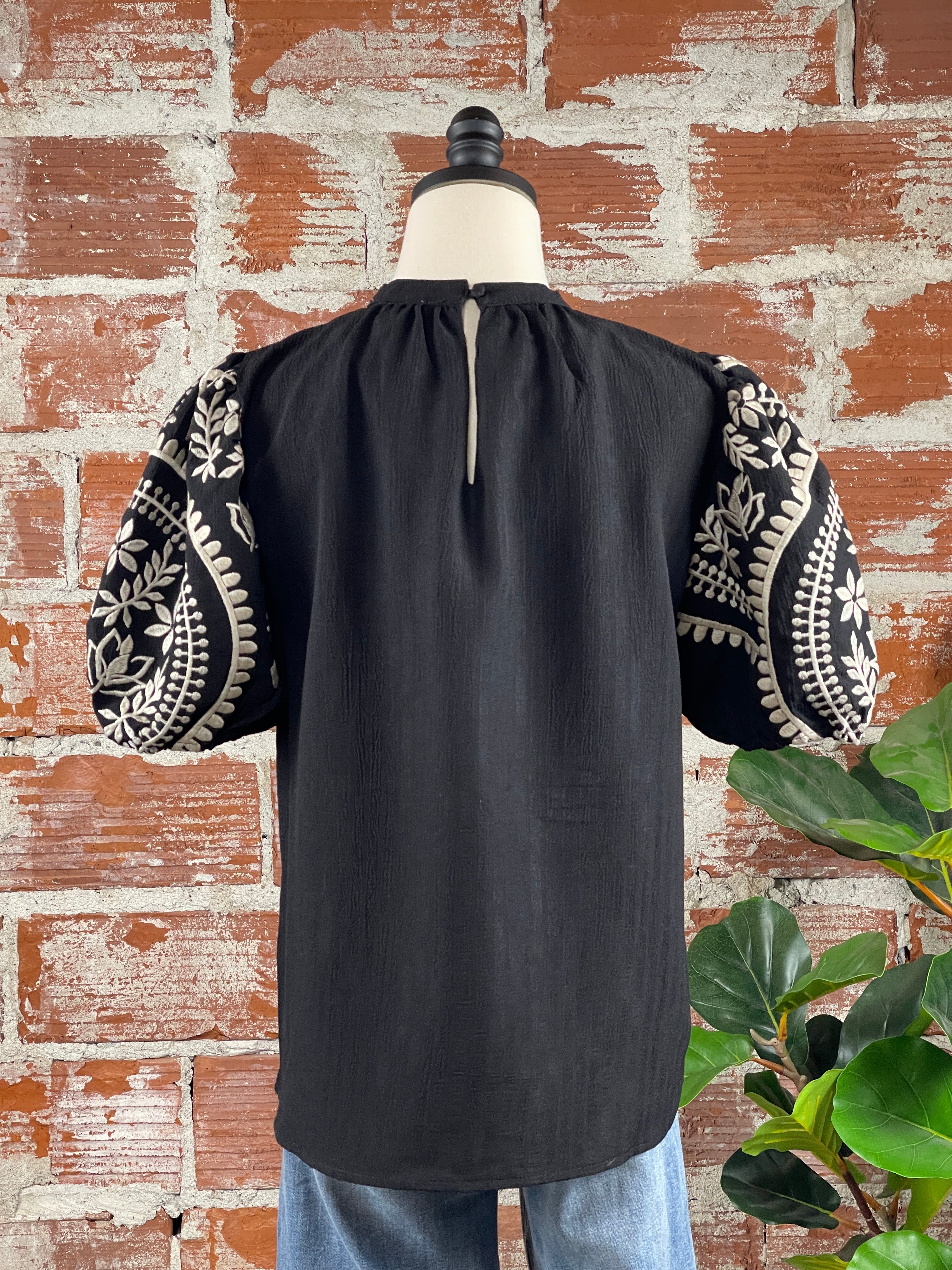 THML Embroidered Puff Sleeve Top in Black-112 - Woven Top S/S (Jan - June)-Little Bird Boutique