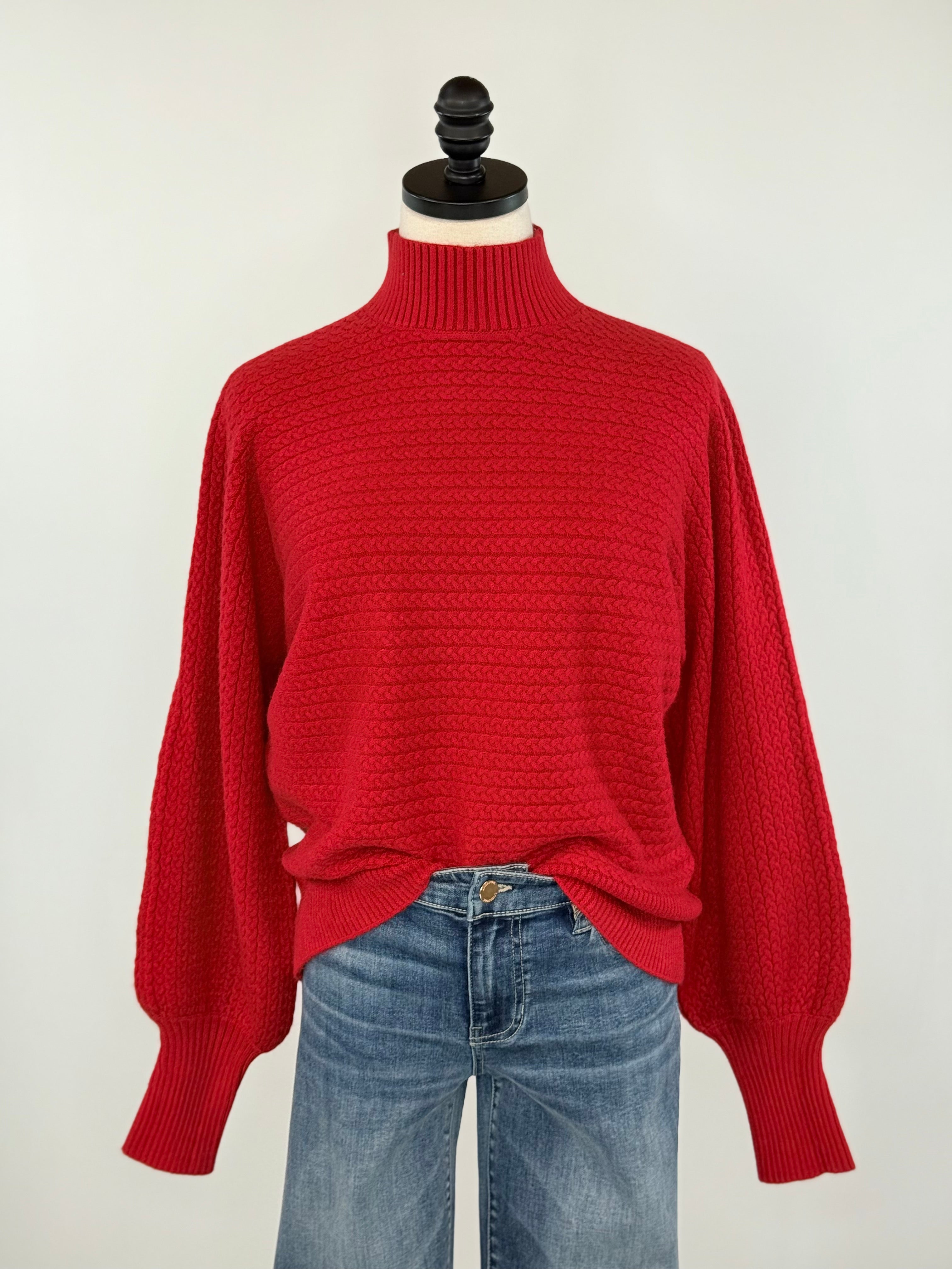 Apricot High Neck Cable Batwing Sweater in Red-131 - Sweaters F/W (June - Nov)-Little Bird Boutique