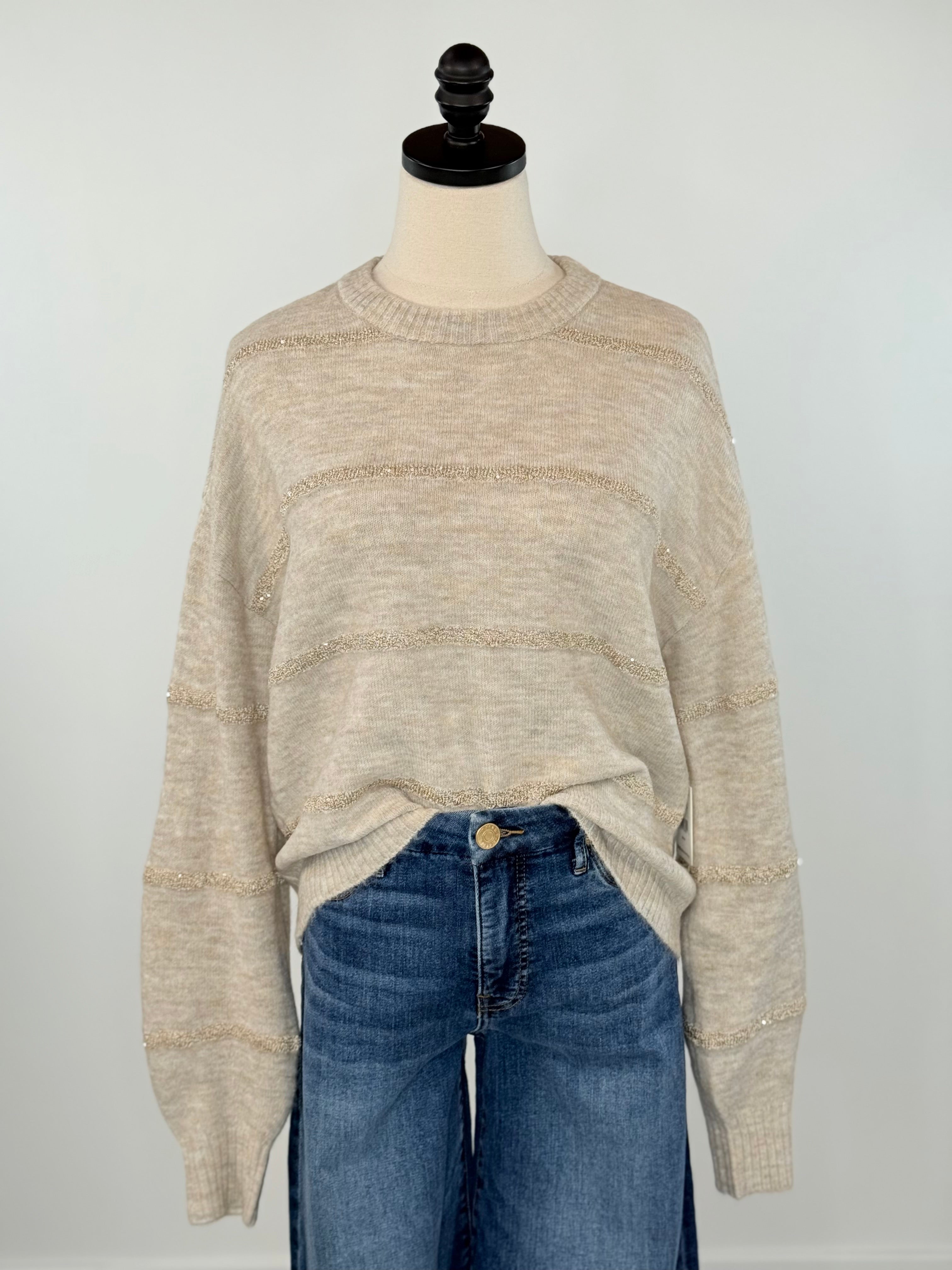 Dex Sequin Stripe Sweater in Light Oat-133 - Sweaters (Holiday)-Little Bird Boutique