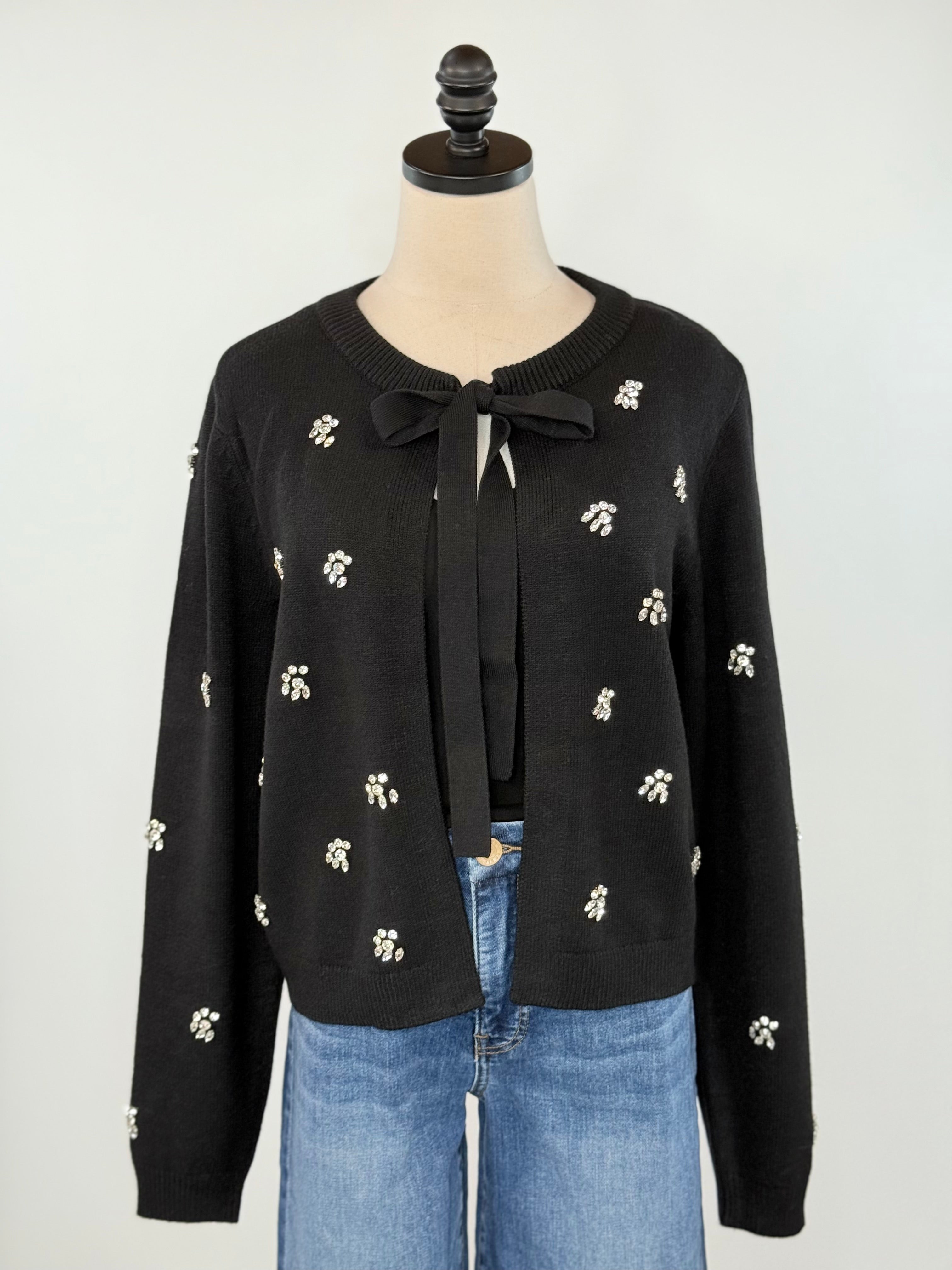 Dex Embellished Tie-Front Cardigan in Black-133 - Sweaters (Holiday)-Little Bird Boutique