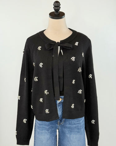 Dex Embellished Tie-Front Cardigan in Black-133 - Sweaters (Holiday)-Little Bird Boutique