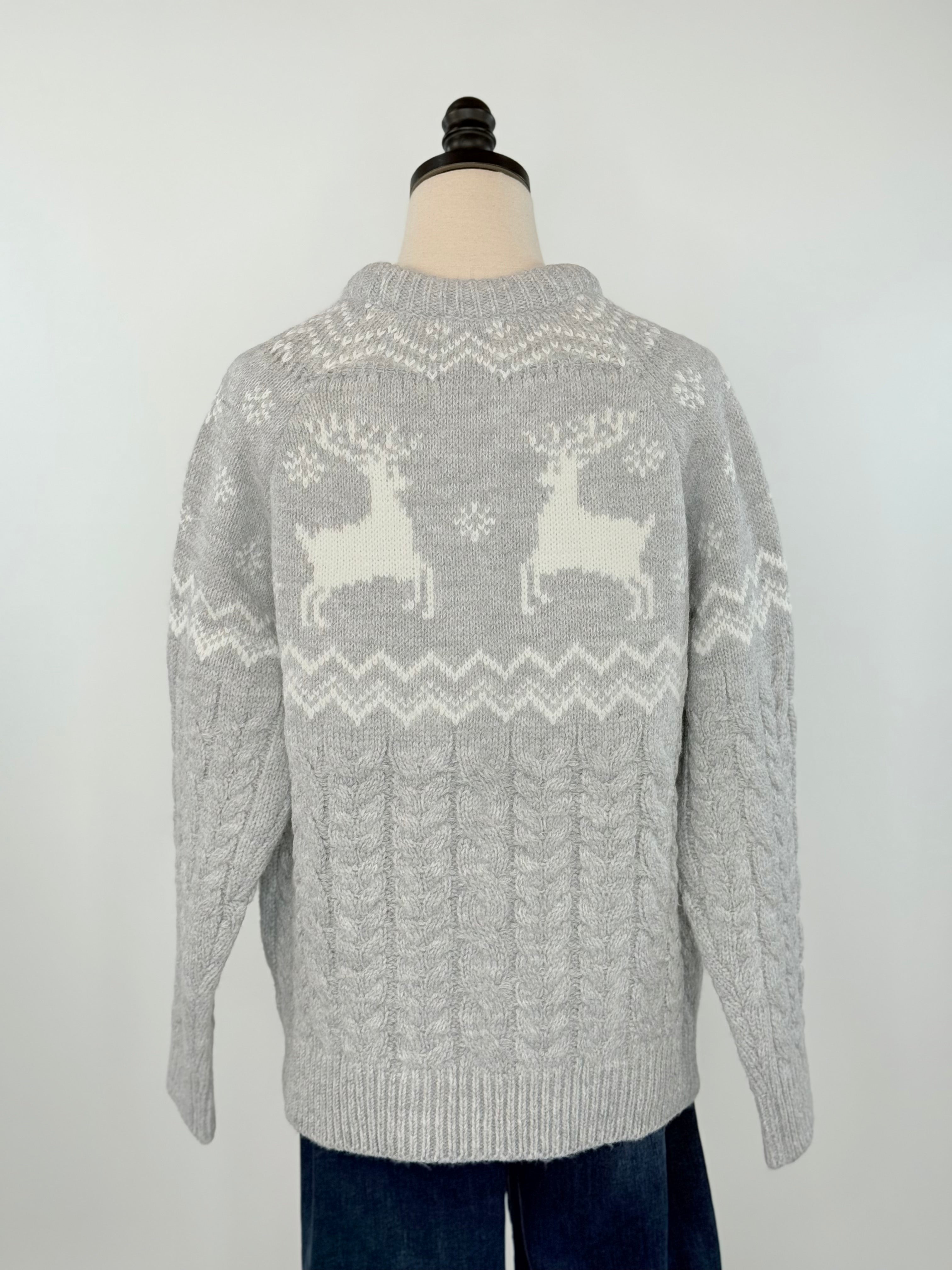 Apricot Reindeer Mix Cable Sweater in Grey-133 - Sweaters (Holiday)-Little Bird Boutique