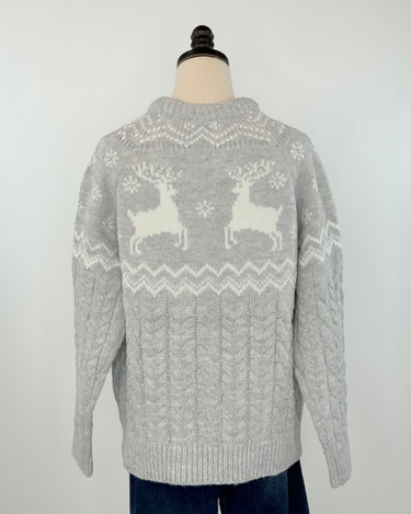 Apricot Reindeer Mix Cable Sweater in Grey-133 - Sweaters (Holiday)-Little Bird Boutique
