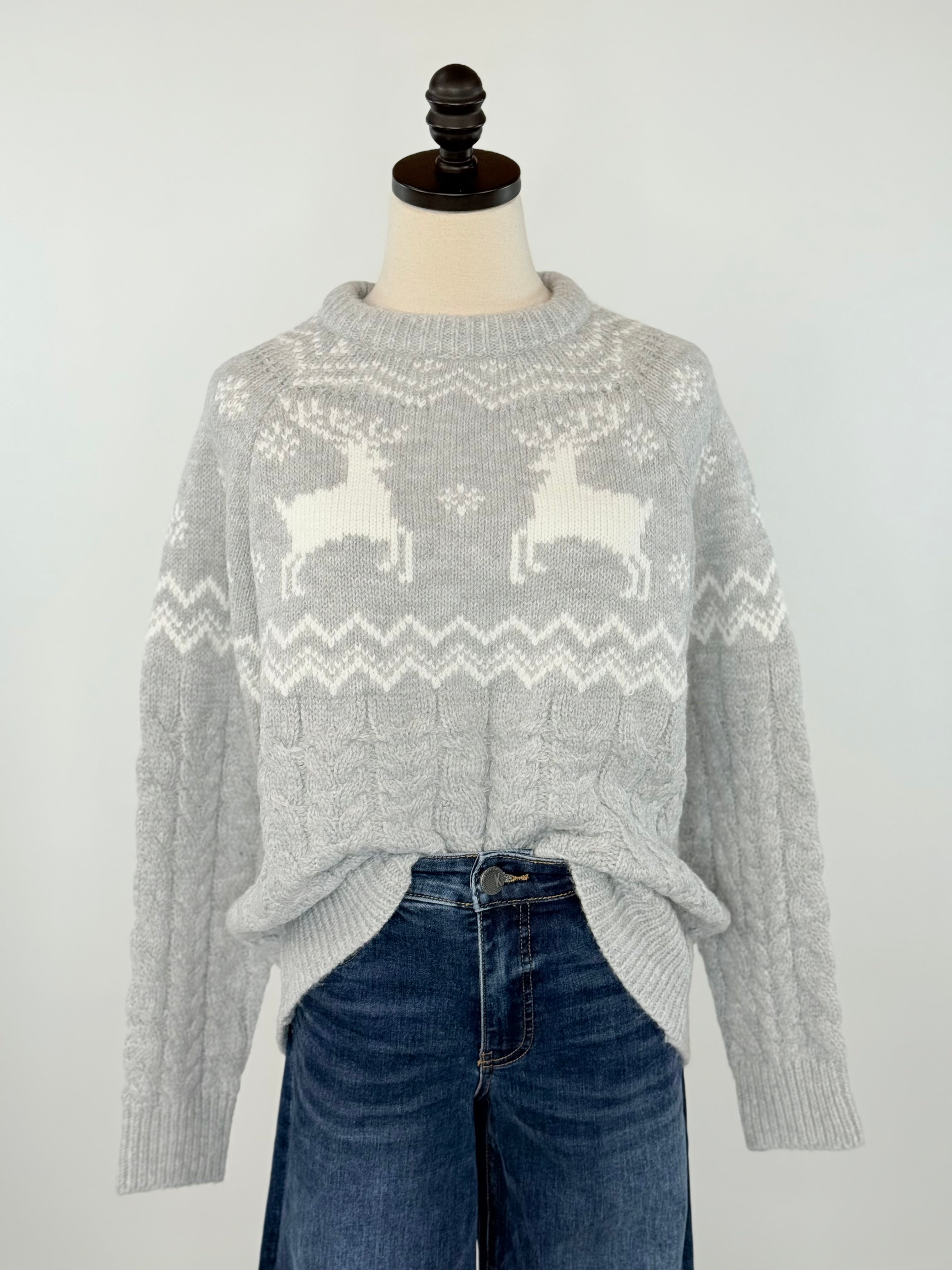 Apricot Reindeer Mix Cable Sweater in Grey-133 - Sweaters (Holiday)-Little Bird Boutique