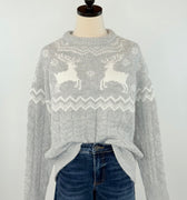 Apricot Reindeer Mix Cable Sweater in Grey-133 - Sweaters (Holiday)-Little Bird Boutique