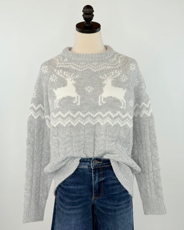 Apricot Reindeer Mix Cable Sweater in Grey-133 - Sweaters (Holiday)-Little Bird Boutique