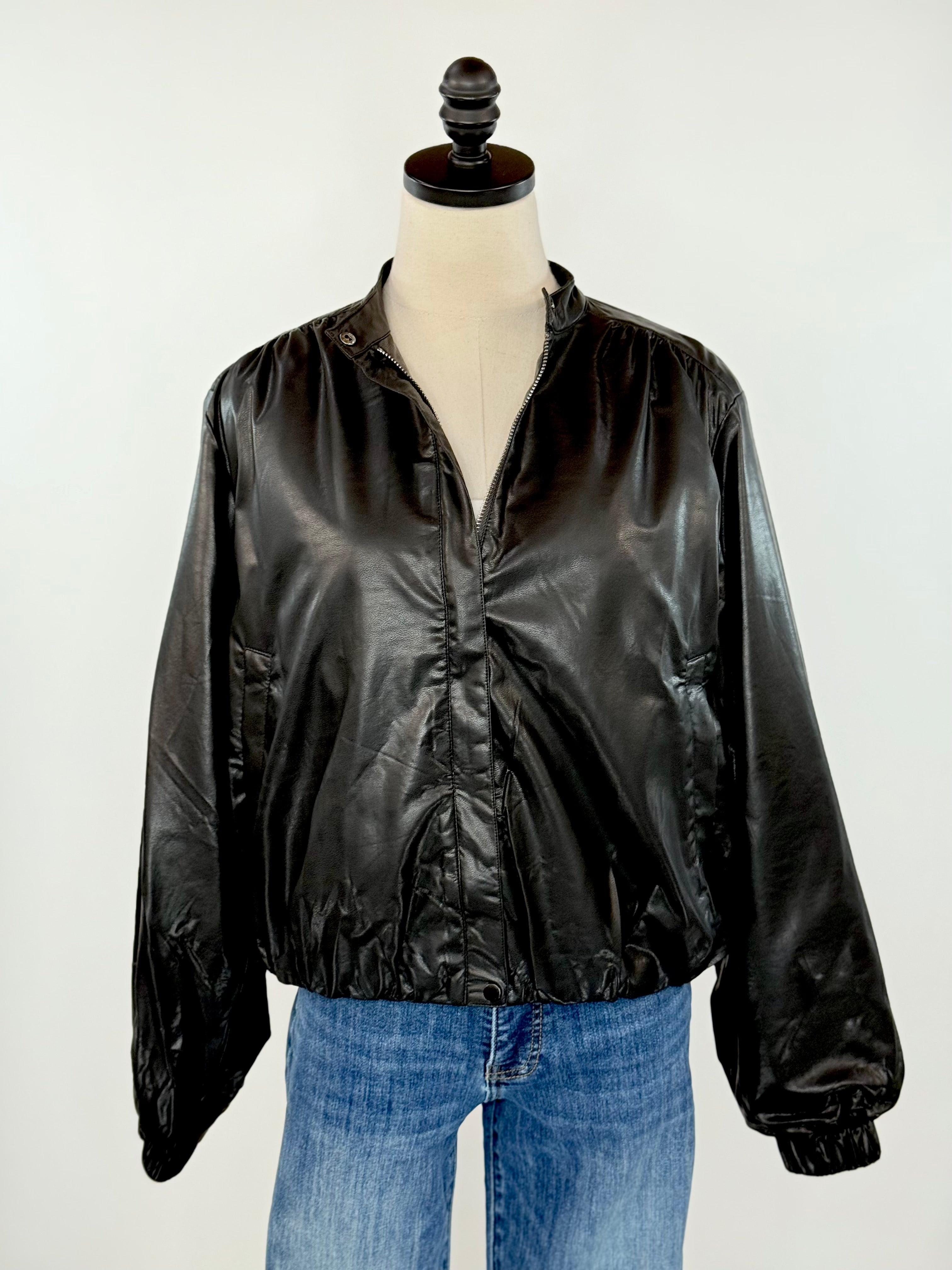 Rebel Glow Faux Leather Bomber Jacket in Black-141 Outerwear Coats & Jackets-Little Bird Boutique