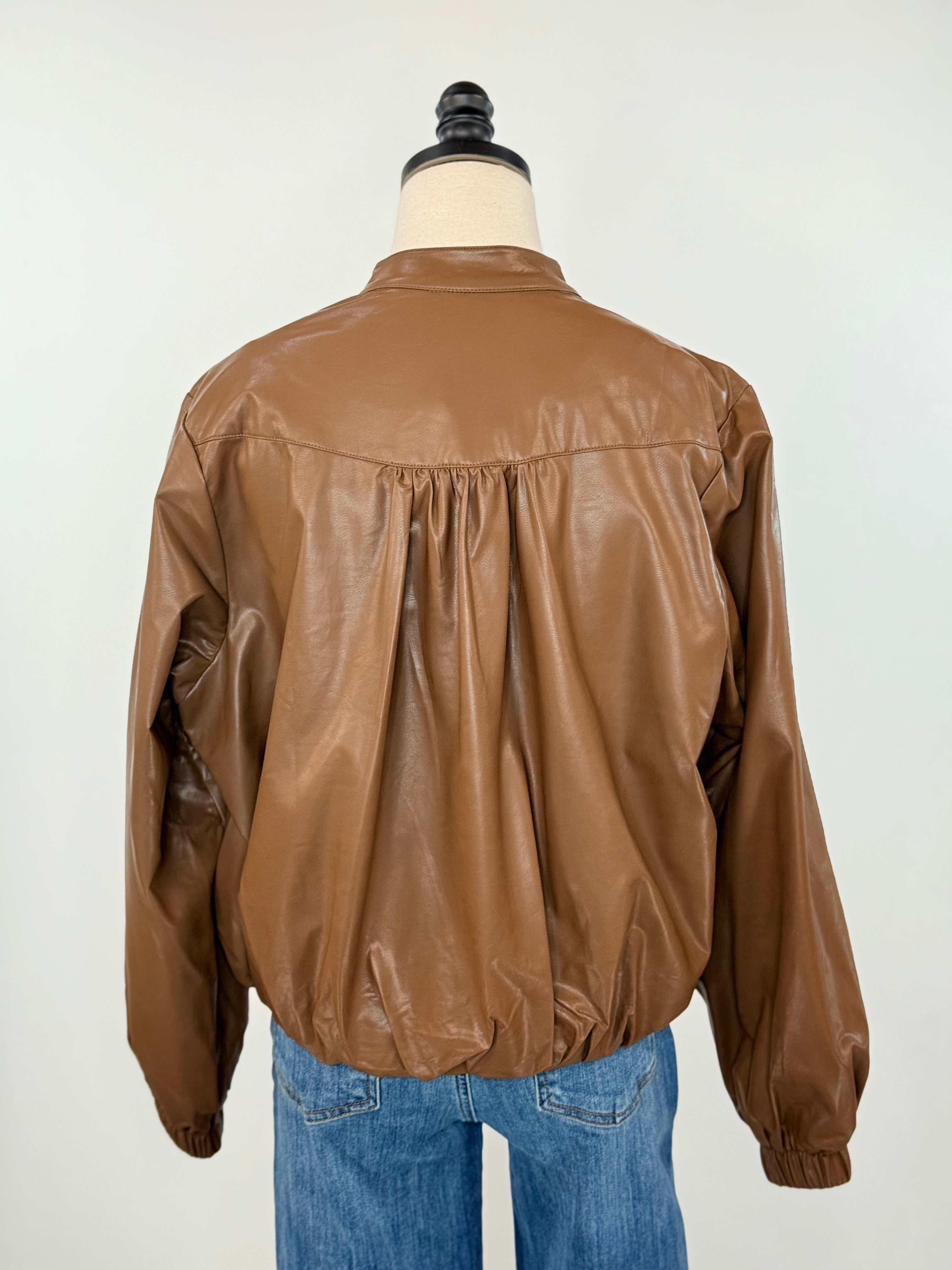 Rebel Glow Faux Leather Bomber Jacket in Brown-141 Outerwear Coats & Jackets-Little Bird Boutique