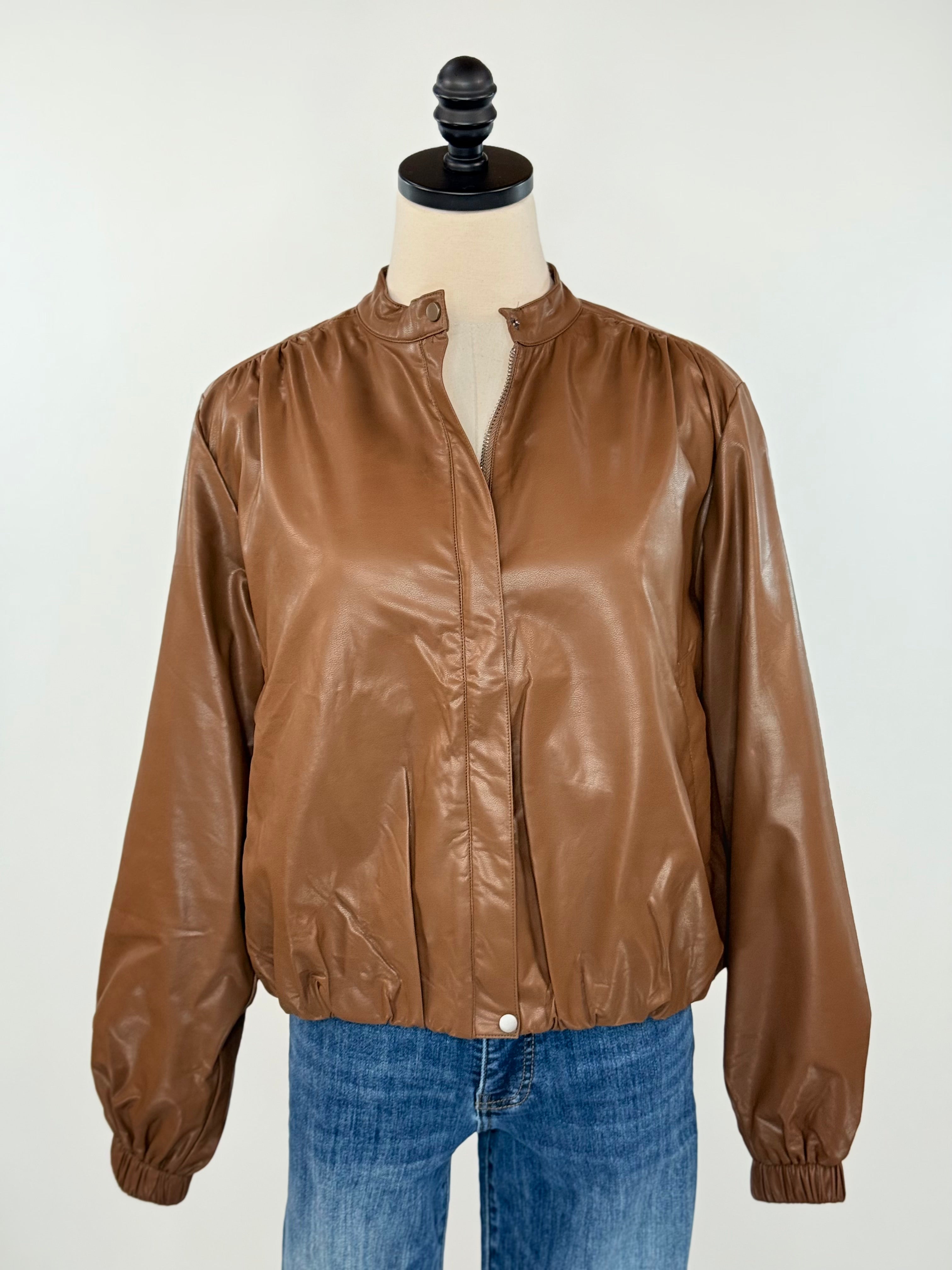 Rebel Glow Faux Leather Bomber Jacket in Brown-141 Outerwear Coats & Jackets-Little Bird Boutique